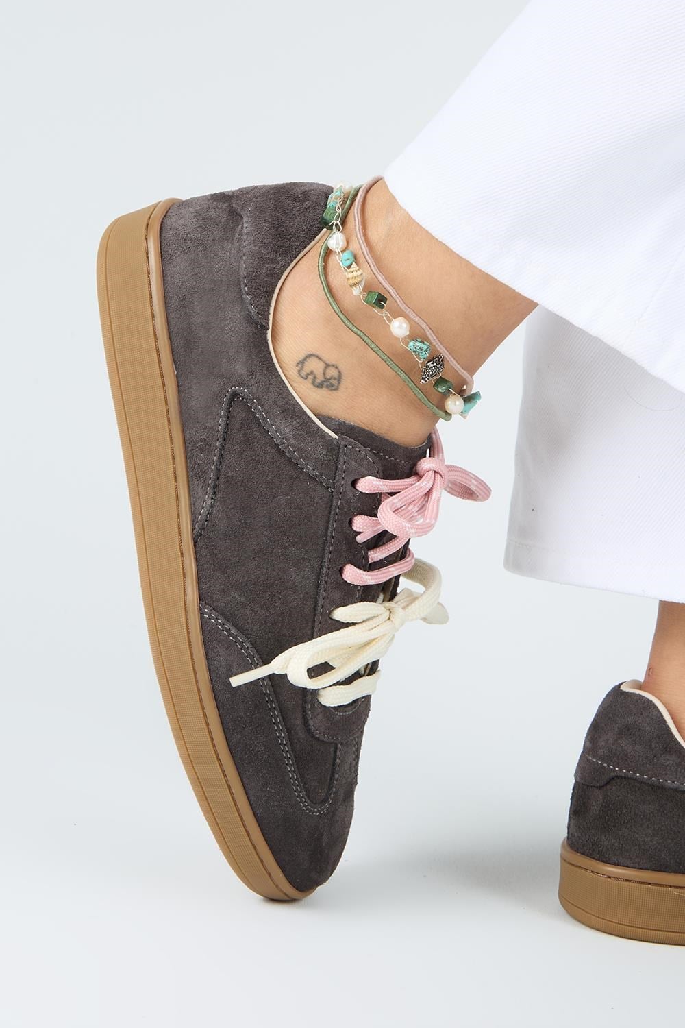 Krahe Barbella Kadın Hakiki Deri Üç Ayrı Alternatif Bağcıklı Antrasit Sneakers