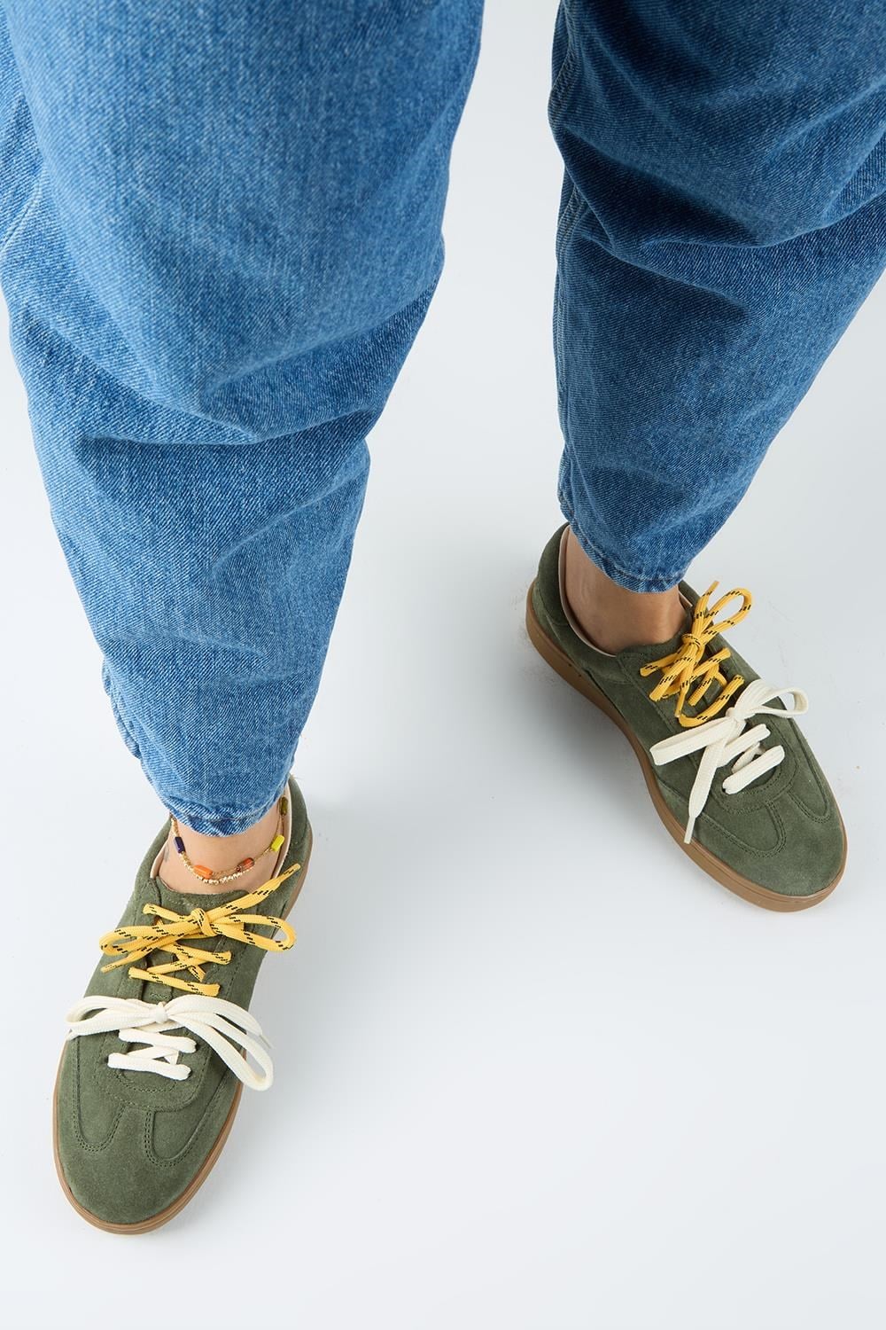 Krahe Barbella Kadın Hakiki Deri Üç Ayrı Alternatif Bağcıklı Haki Sneakers