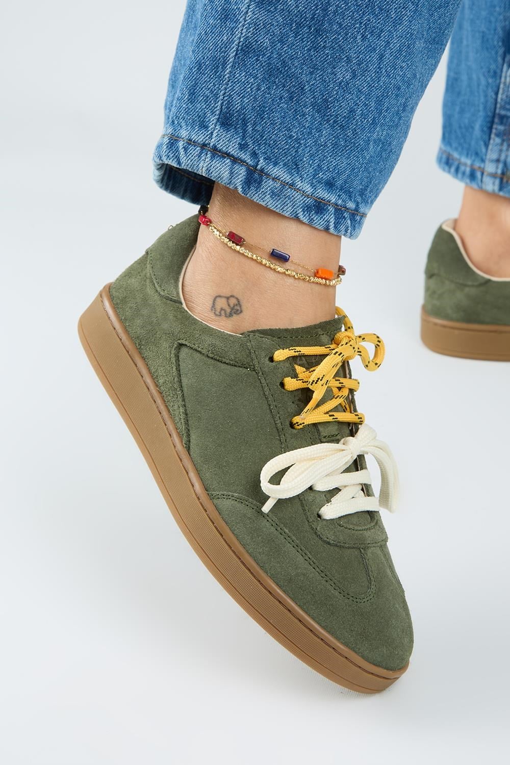 Krahe Barbella Kadın Hakiki Deri Üç Ayrı Alternatif Bağcıklı Haki Sneakers