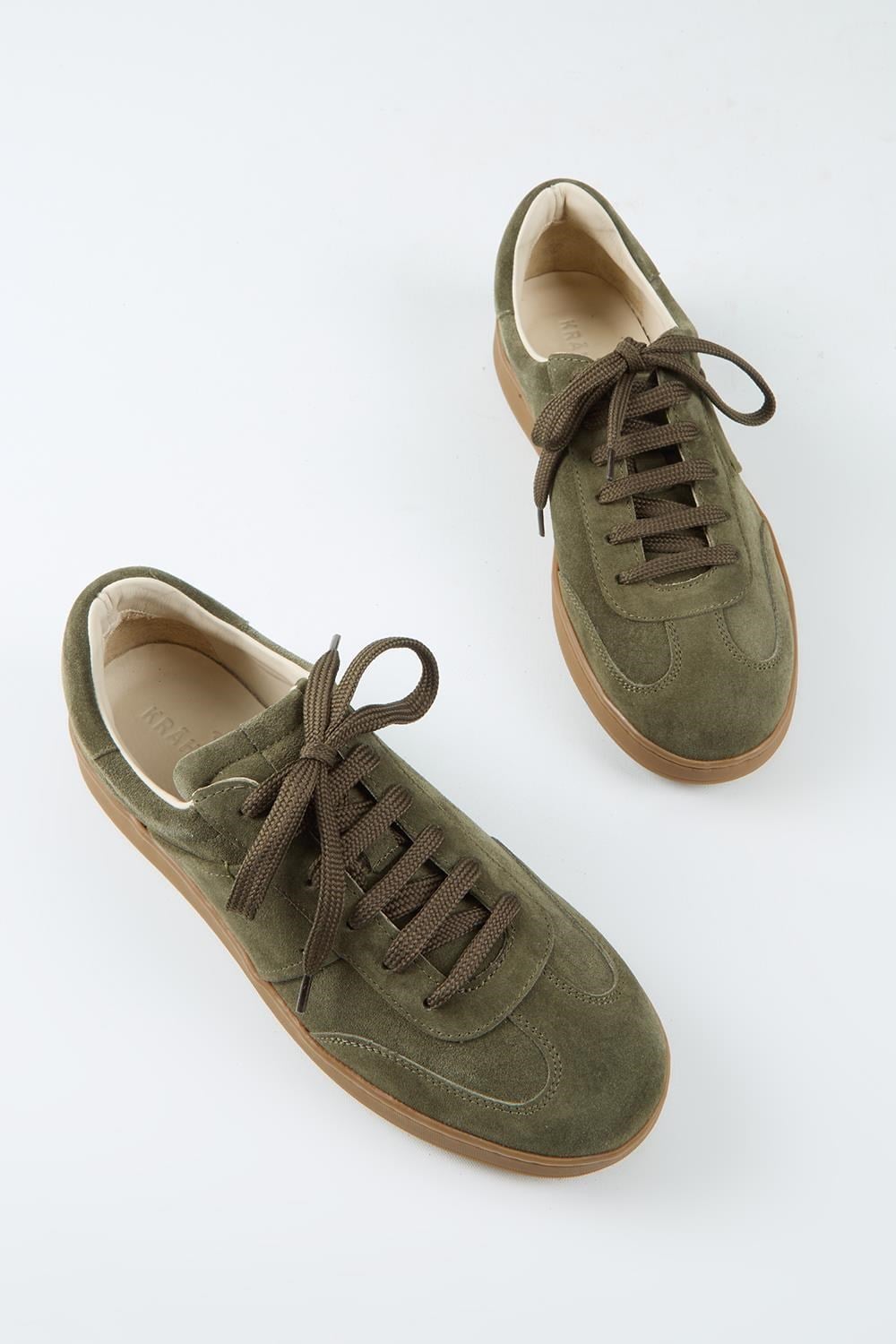 Krahe Calijero Erkek Hakiki Deri Bağcıklı Haki Sneakers