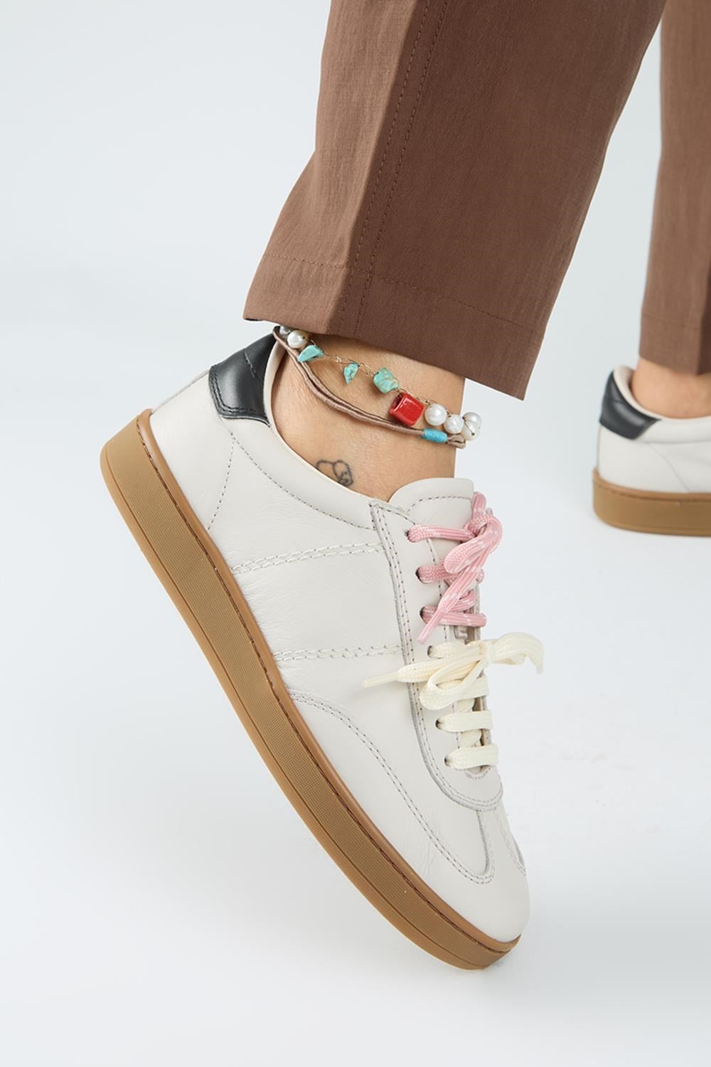 Krahe Pesci Kadın Hakiki Deri Üç Ayrı Alternatif Bağcıklı Ekru Sneakers