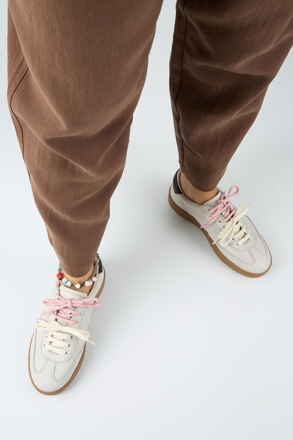 Krahe Pesci Kadın Hakiki Deri Üç Ayrı Alternatif Bağcıklı Ekru Sneakers