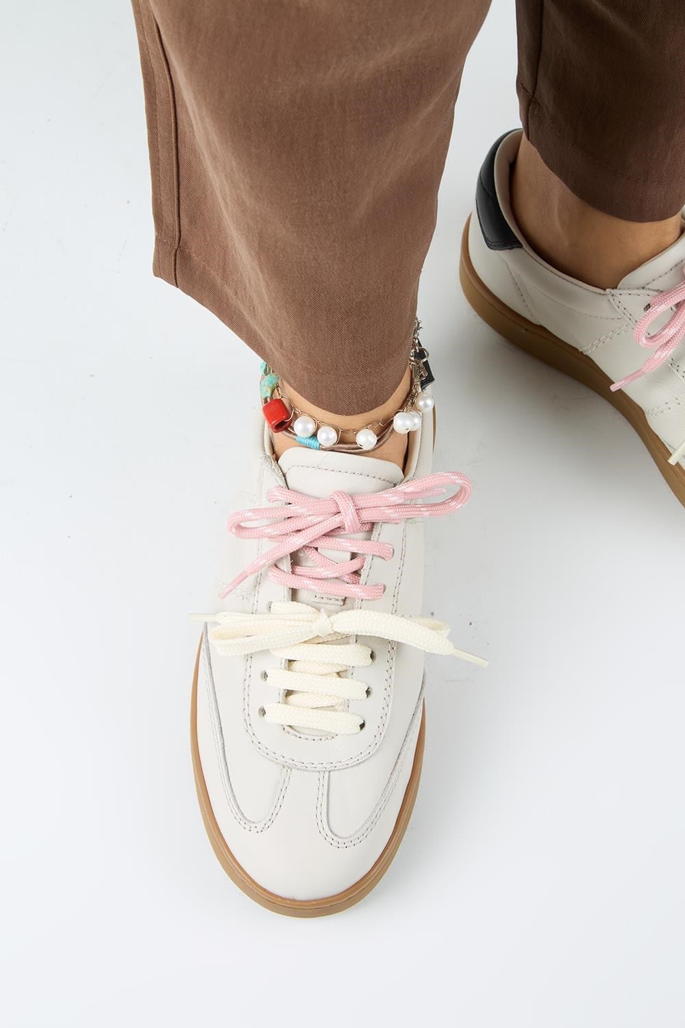 Krahe Pesci Kadın Hakiki Deri Üç Ayrı Alternatif Bağcıklı Ekru Sneakers