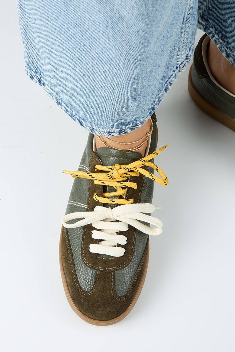 Krahe Pesci Kadın Hakiki Deri Üç Ayrı Alternatif Bağcıklı Haki Sneakers
