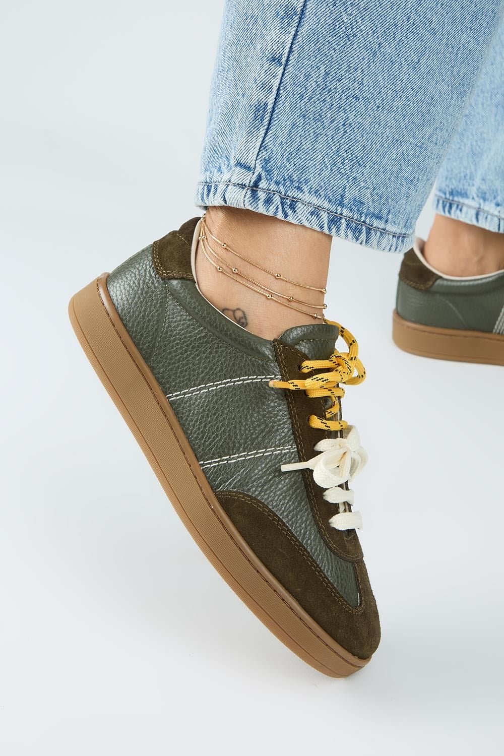 Krahe Pesci Kadın Hakiki Deri Üç Ayrı Alternatif Bağcıklı Haki Sneakers