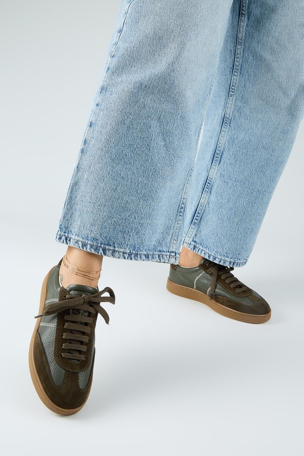 Krahe Pesci Kadın Hakiki Deri Üç Ayrı Alternatif Bağcıklı Haki Sneakers