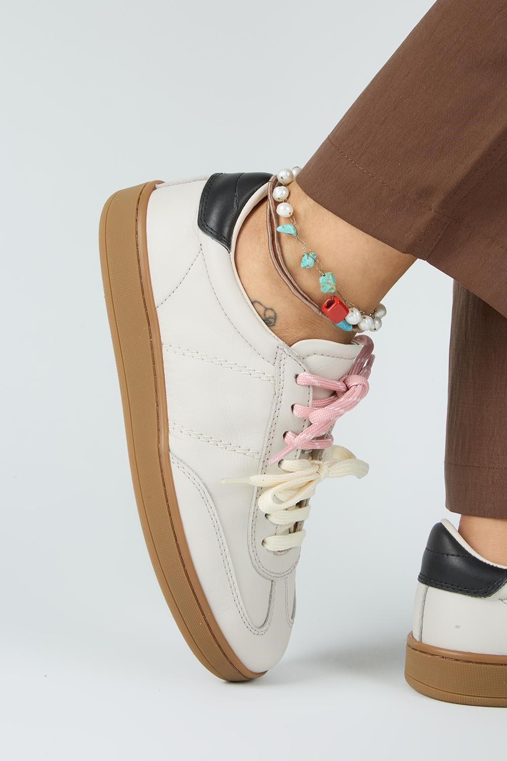 Krahe Pesci Kadın Hakiki Deri Üç Ayrı Alternatif Bağcıklı Ekru Sneakers