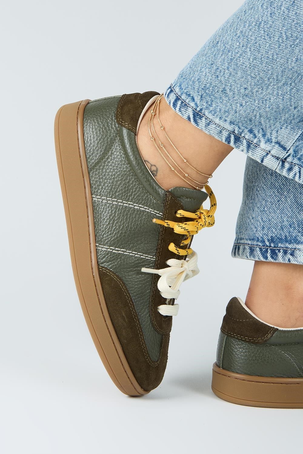 Krahe Pesci Kadın Hakiki Deri Üç Ayrı Alternatif Bağcıklı Haki Sneakers