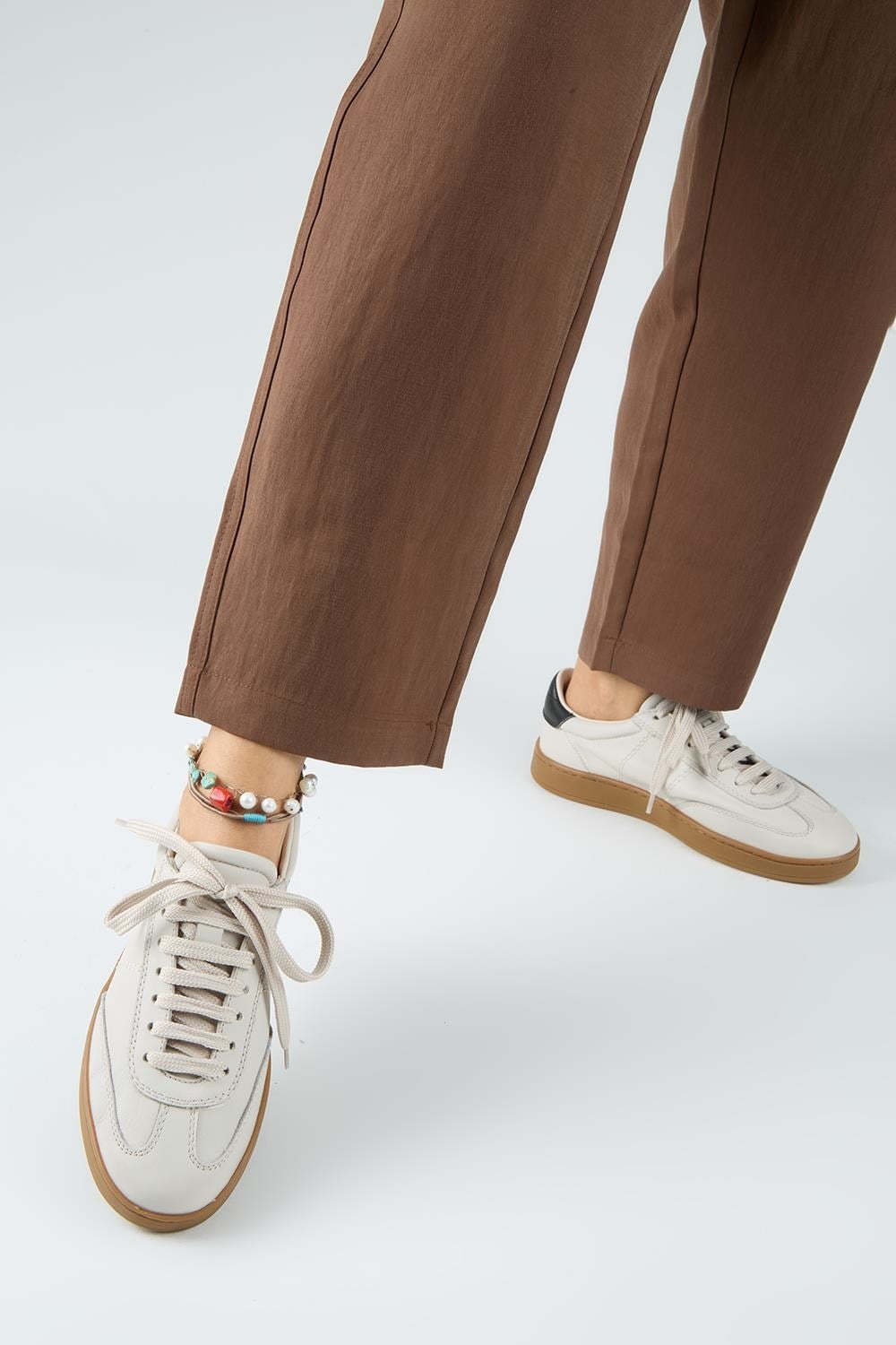 Krahe Pesci Kadın Hakiki Deri Üç Ayrı Alternatif Bağcıklı Ekru Sneakers