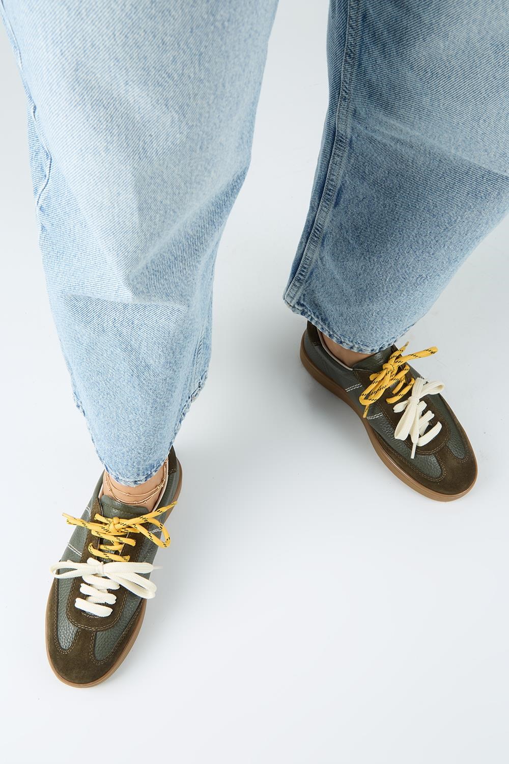 Krahe Pesci Kadın Hakiki Deri Üç Ayrı Alternatif Bağcıklı Haki Sneakers