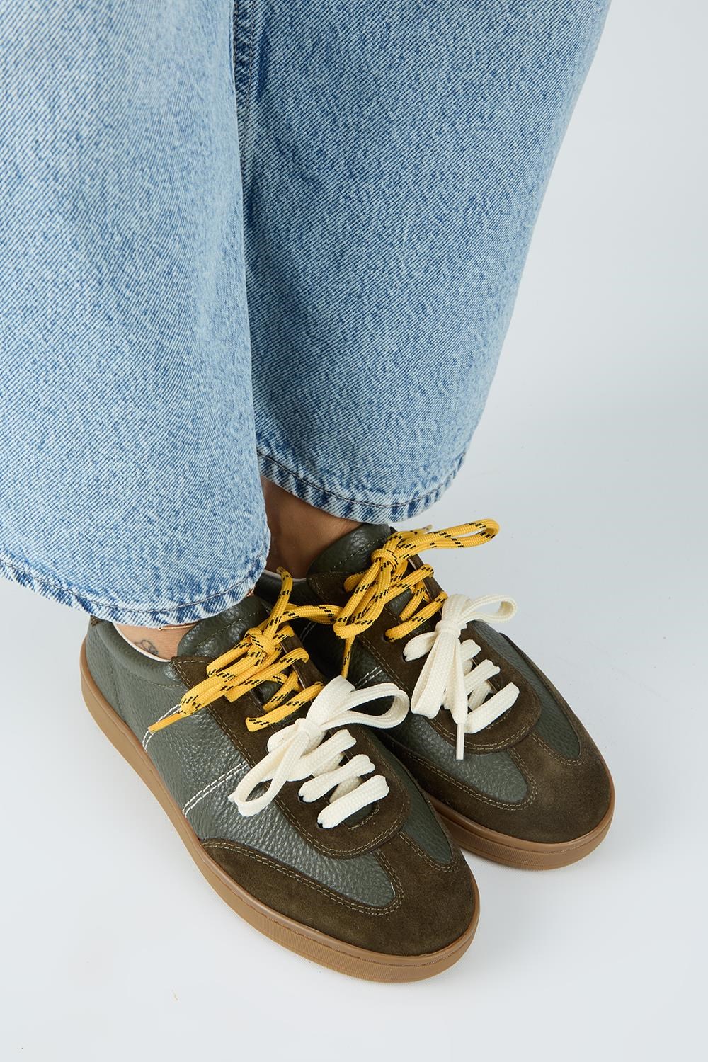 Krahe Pesci Kadın Hakiki Deri Üç Ayrı Alternatif Bağcıklı Haki Sneakers