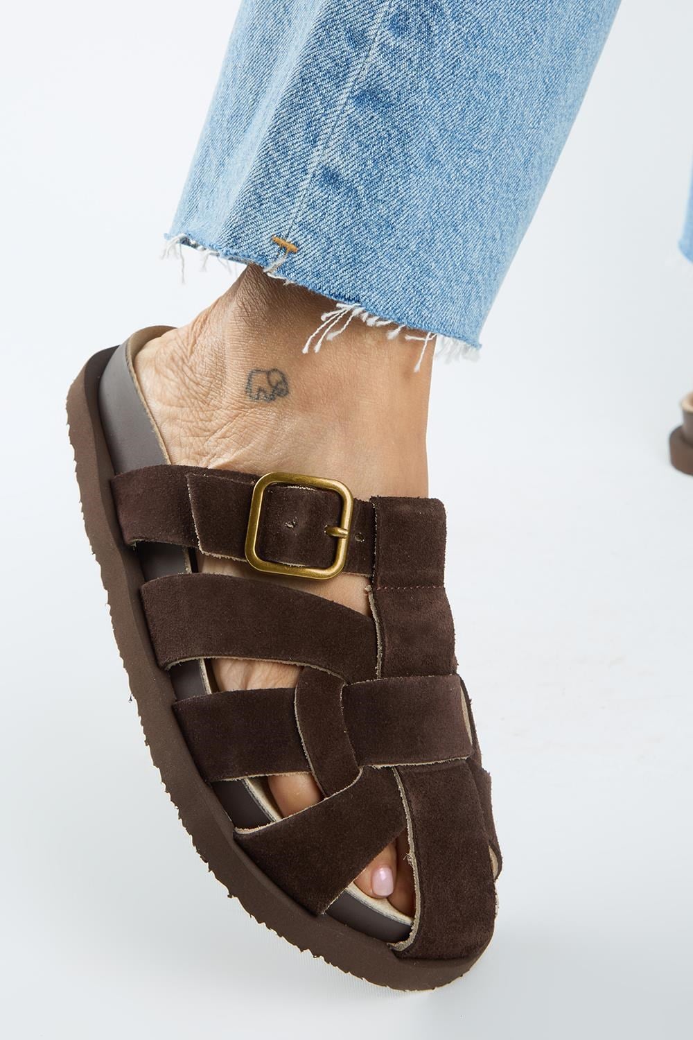 Manijero Benito Kadın Deri Hakiki Deri Tokalı Kafesli Kahve Terlik