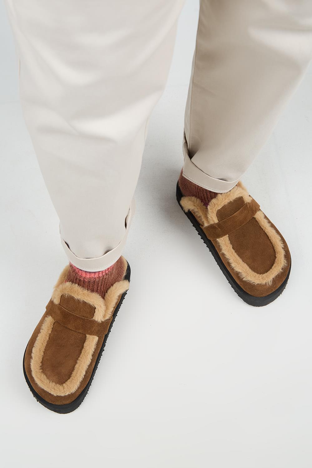 Manijero (Ecemi Platform) Kadın Hakiki Deri Kürklü Loafer Platform Taba Terlik