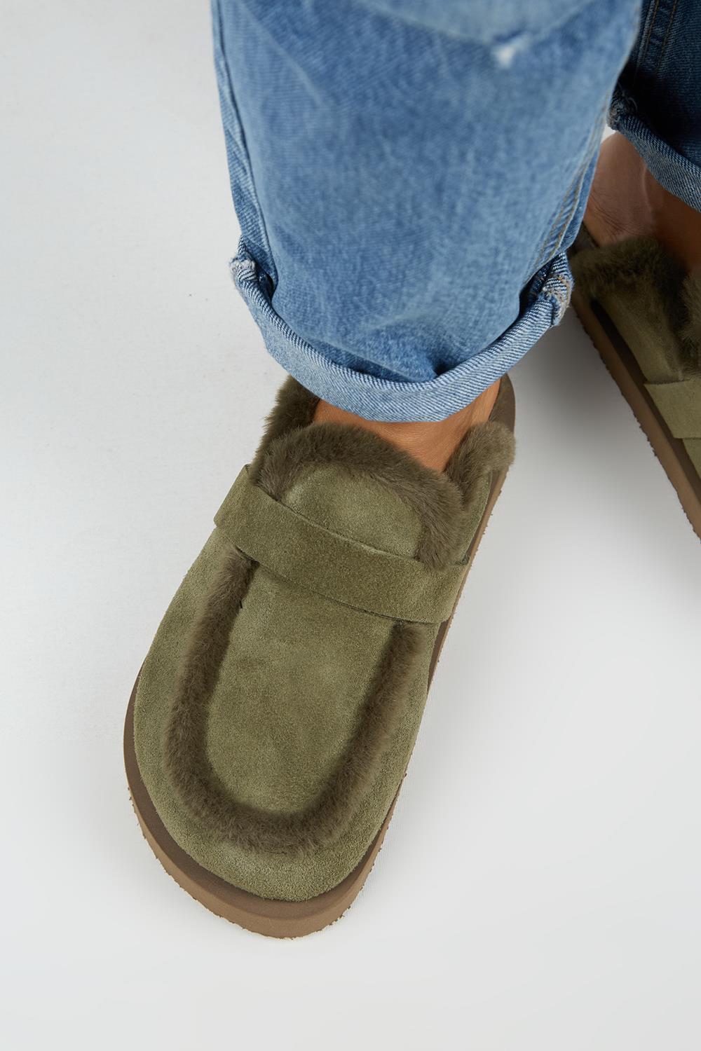 Manijero (Ecemi Platform) Kadın Hakiki Deri Kürklü Loafer Platform Haki Terlik