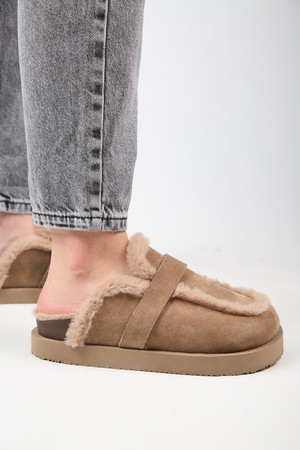 Manijero (Ecemi Platform) Kadın Hakiki Deri Kürklü Loafer Platform Vizon Terlik