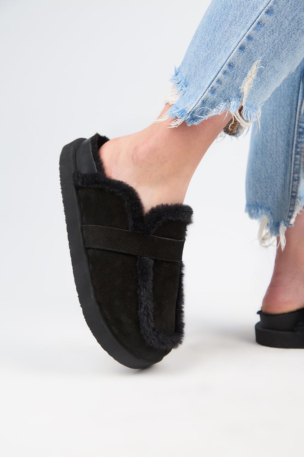 Manijero (Ecemi Platform) Kadın Hakiki Deri Kürklü Loafer Platform Siyah Terlik
