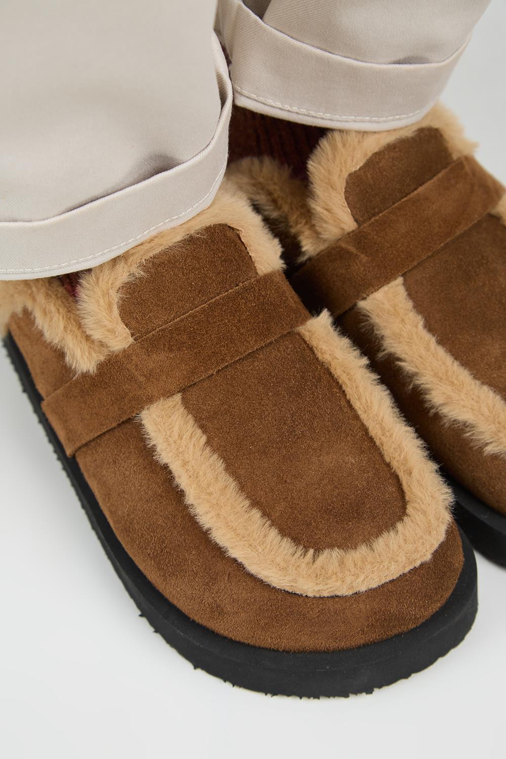 Manijero (Ecemi Platform) Kadın Hakiki Deri Kürklü Loafer Platform Taba Terlik