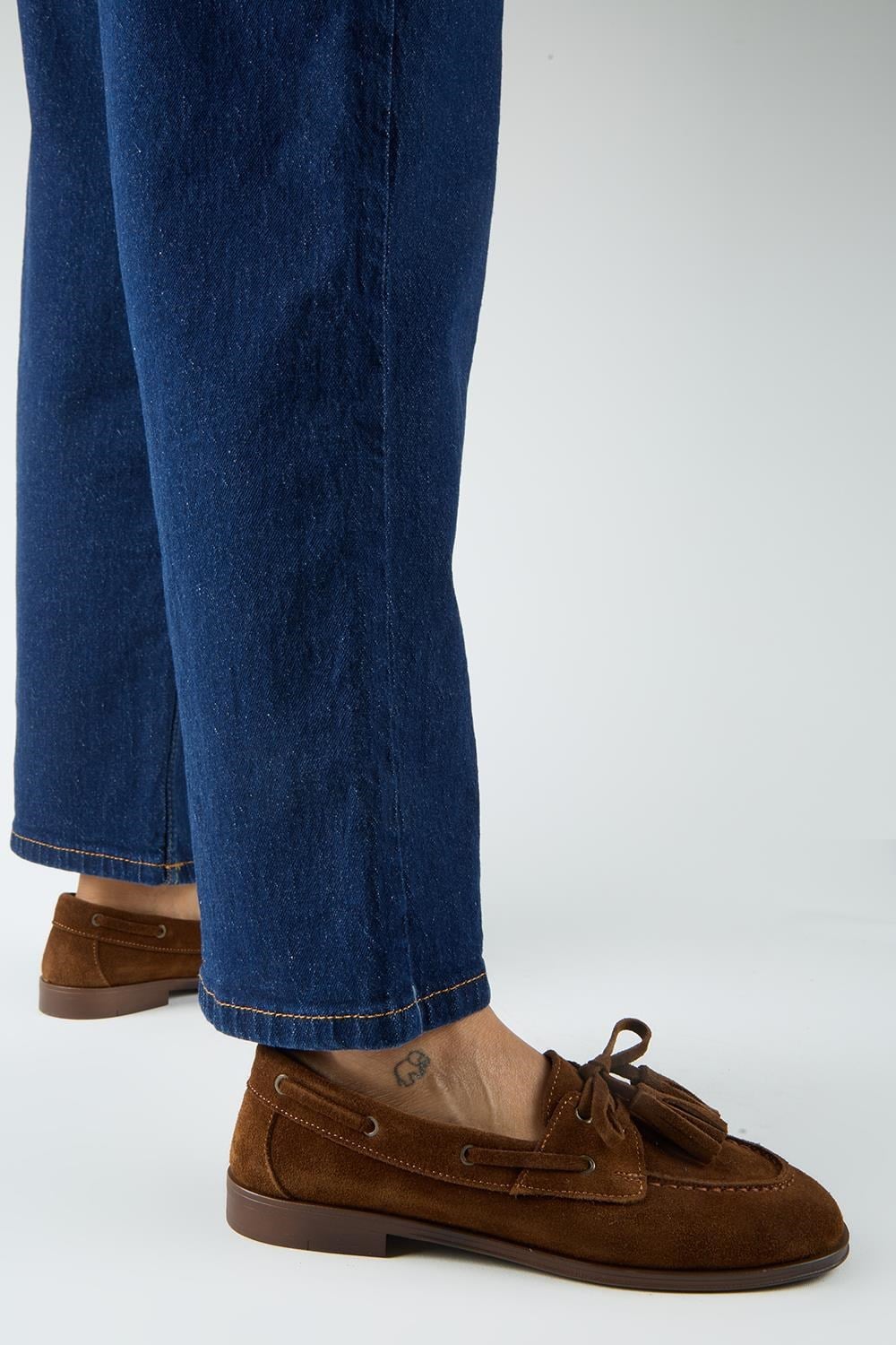 Manijero Eliya Kadın Hakiki Deri Renkli Bağcıklı Ve Püsküllü Taba Ayakkabı
