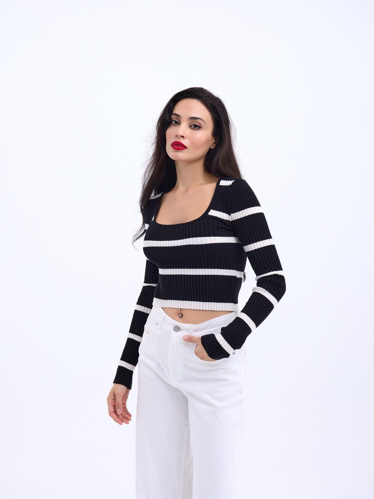 42221 TRİKO ÇİZGİLİ FİTİLLİ CROP-SİYAH-EKRU