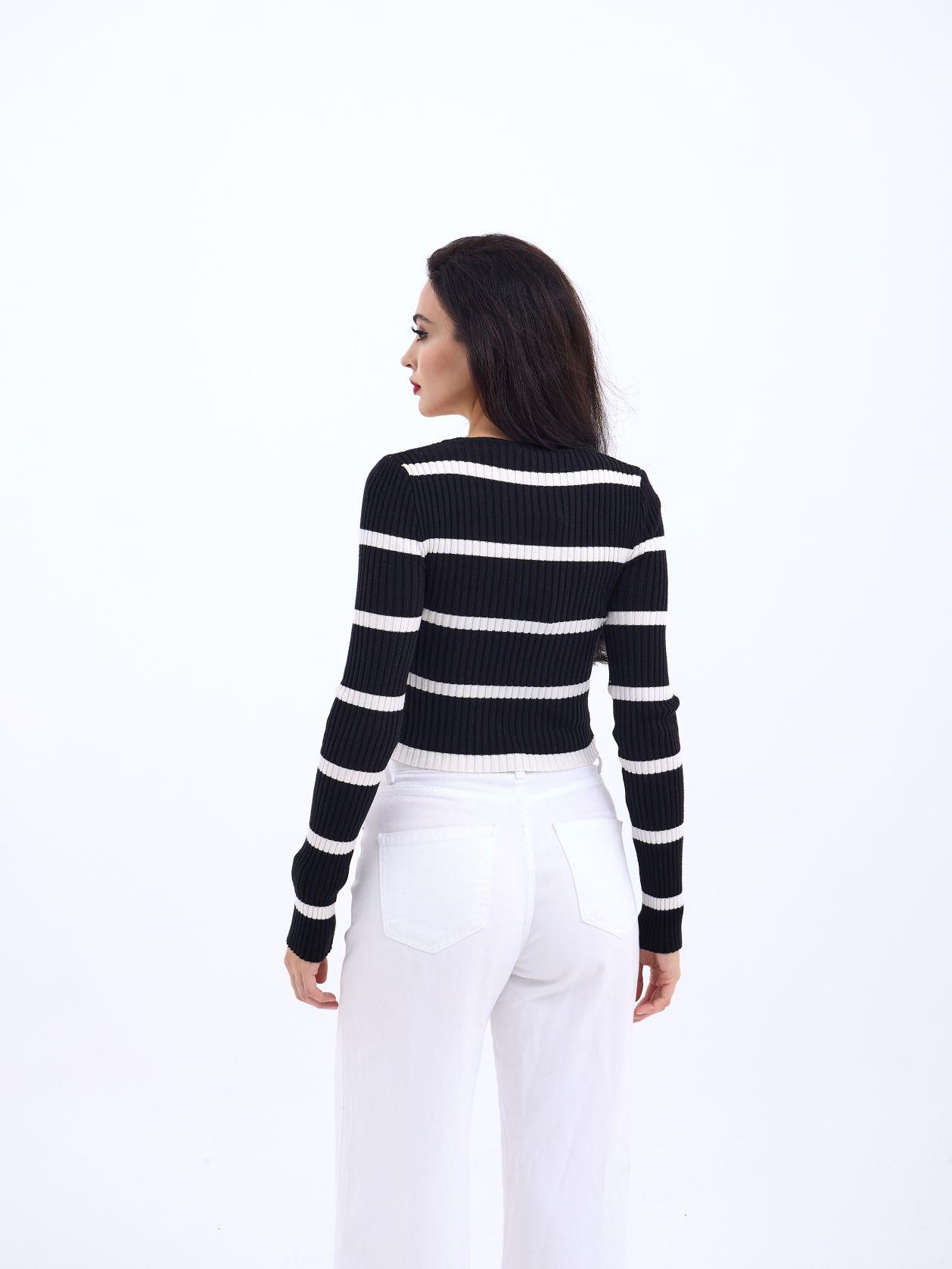 42221 TRİKO ÇİZGİLİ FİTİLLİ CROP-SİYAH-EKRU
