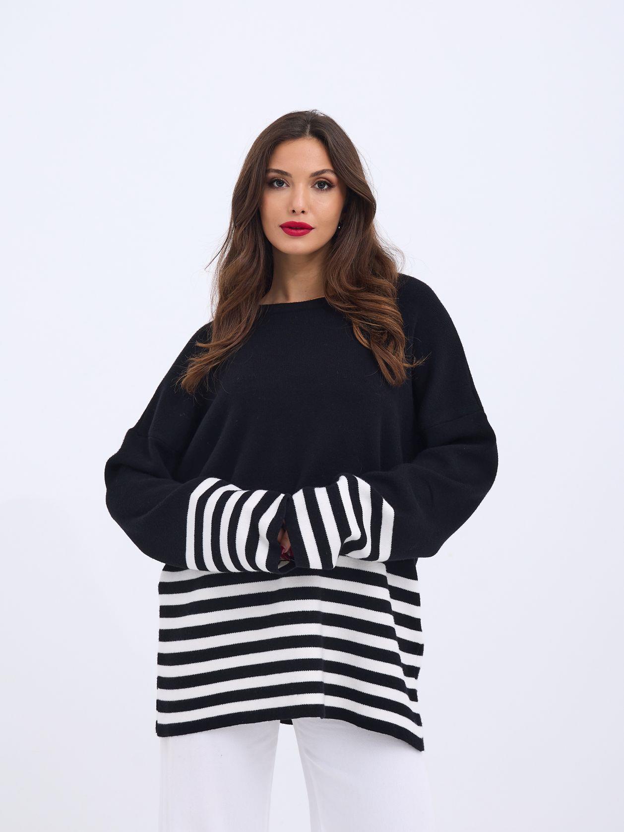 42381 TRİKO ÇİZGİLİ KAZAK-SİYAH-EKRU
