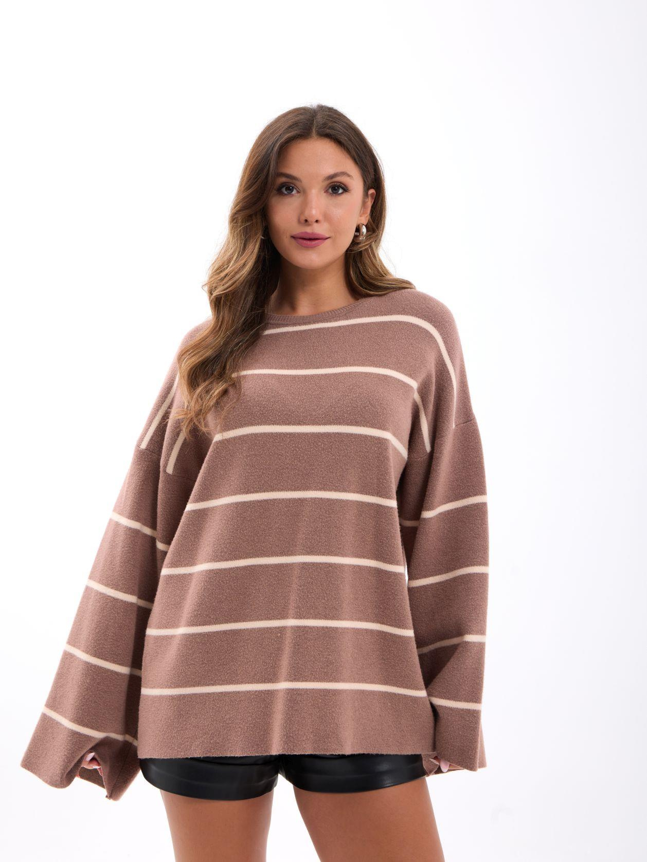 42401 TRİKO ÇİZGİLİ SALAŞ KAZAK-VİZON-KREM