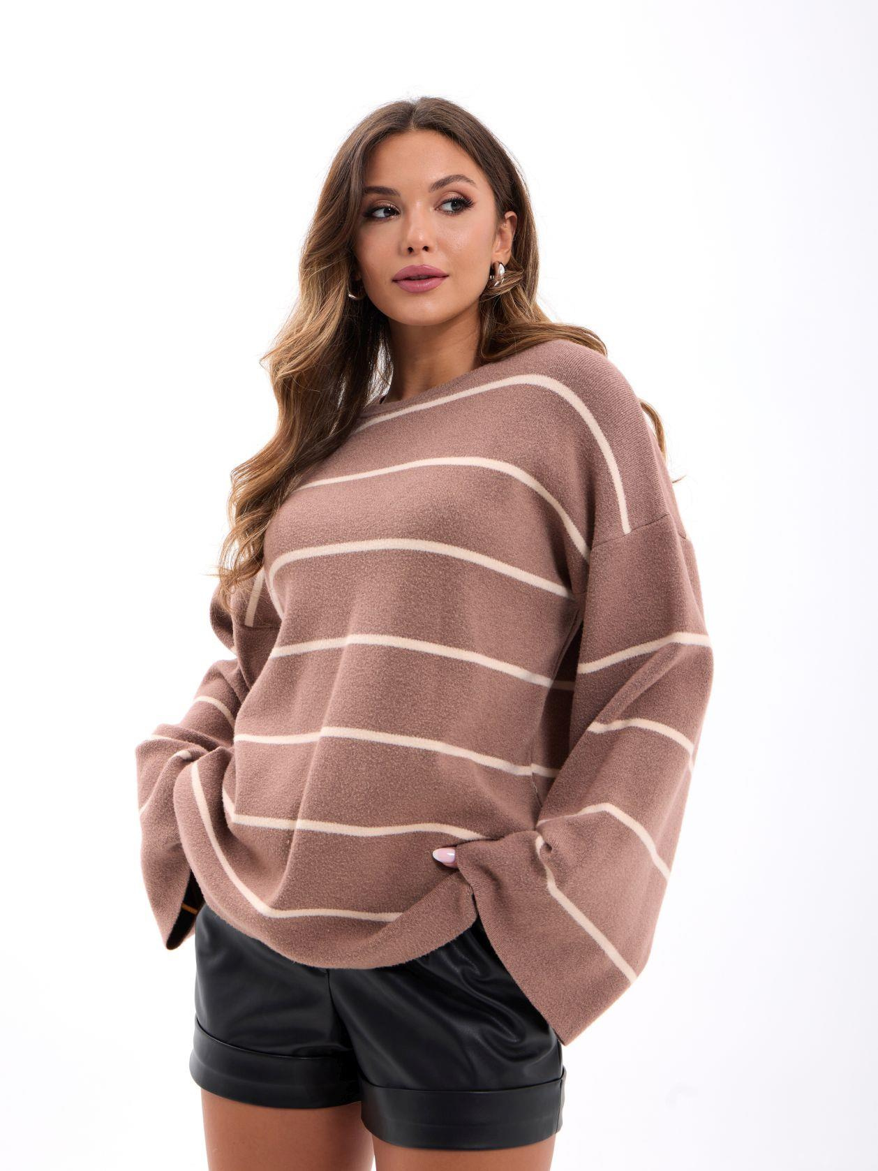 42401 TRİKO ÇİZGİLİ SALAŞ KAZAK-VİZON-KREM