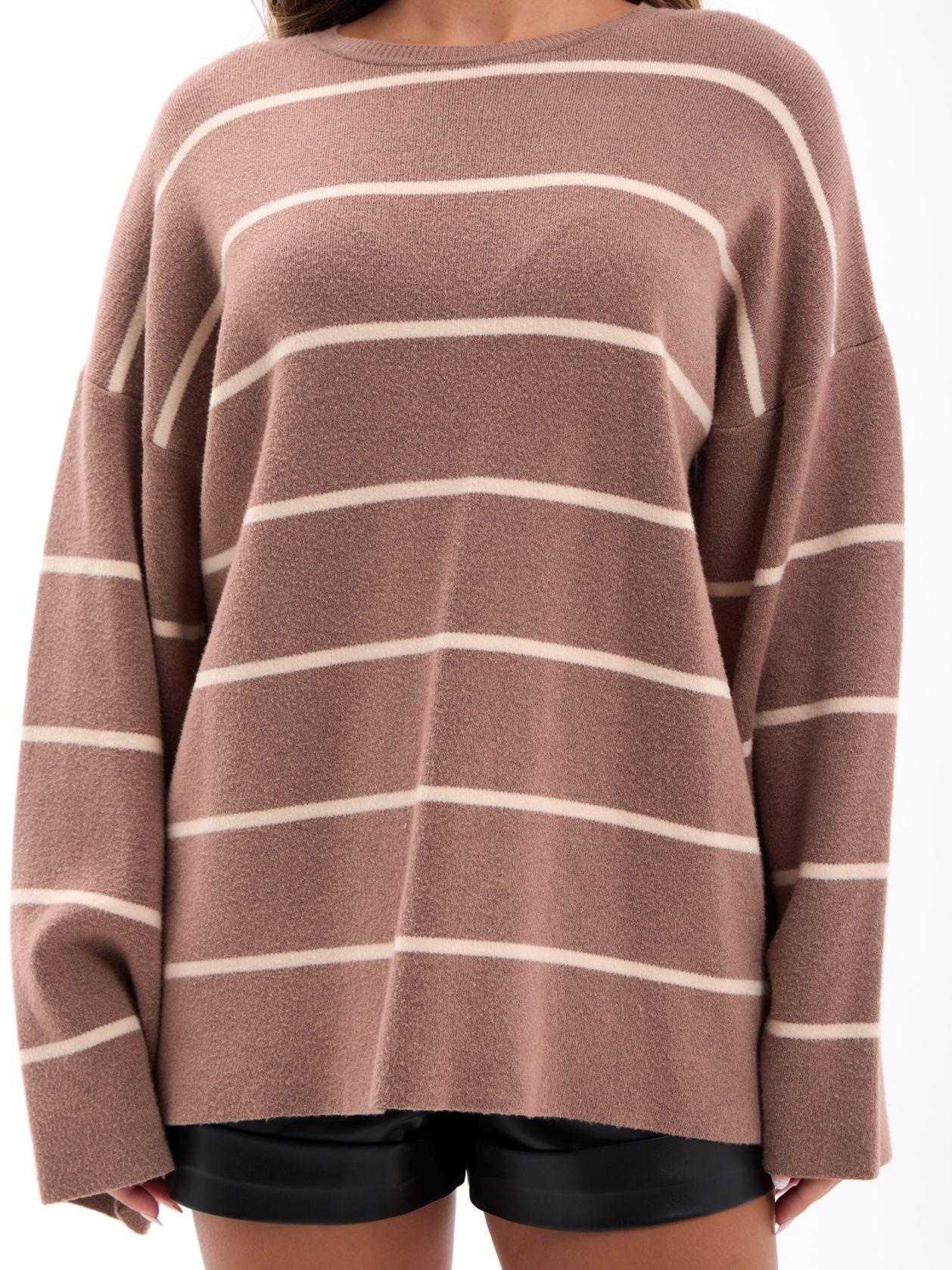 42401 TRİKO ÇİZGİLİ SALAŞ KAZAK-VİZON-KREM