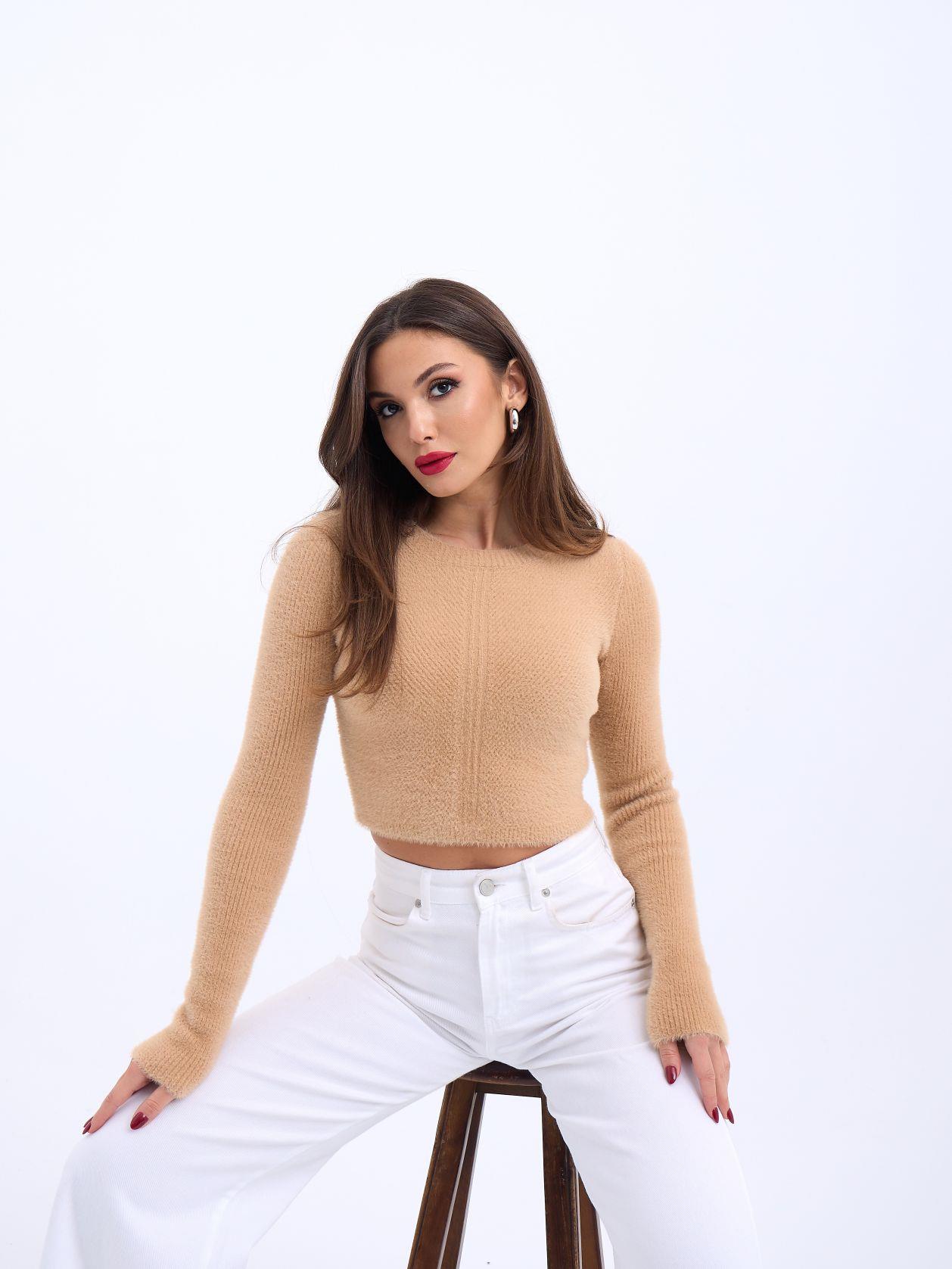 42471 TRİKO CROP KAZAK-BEJ