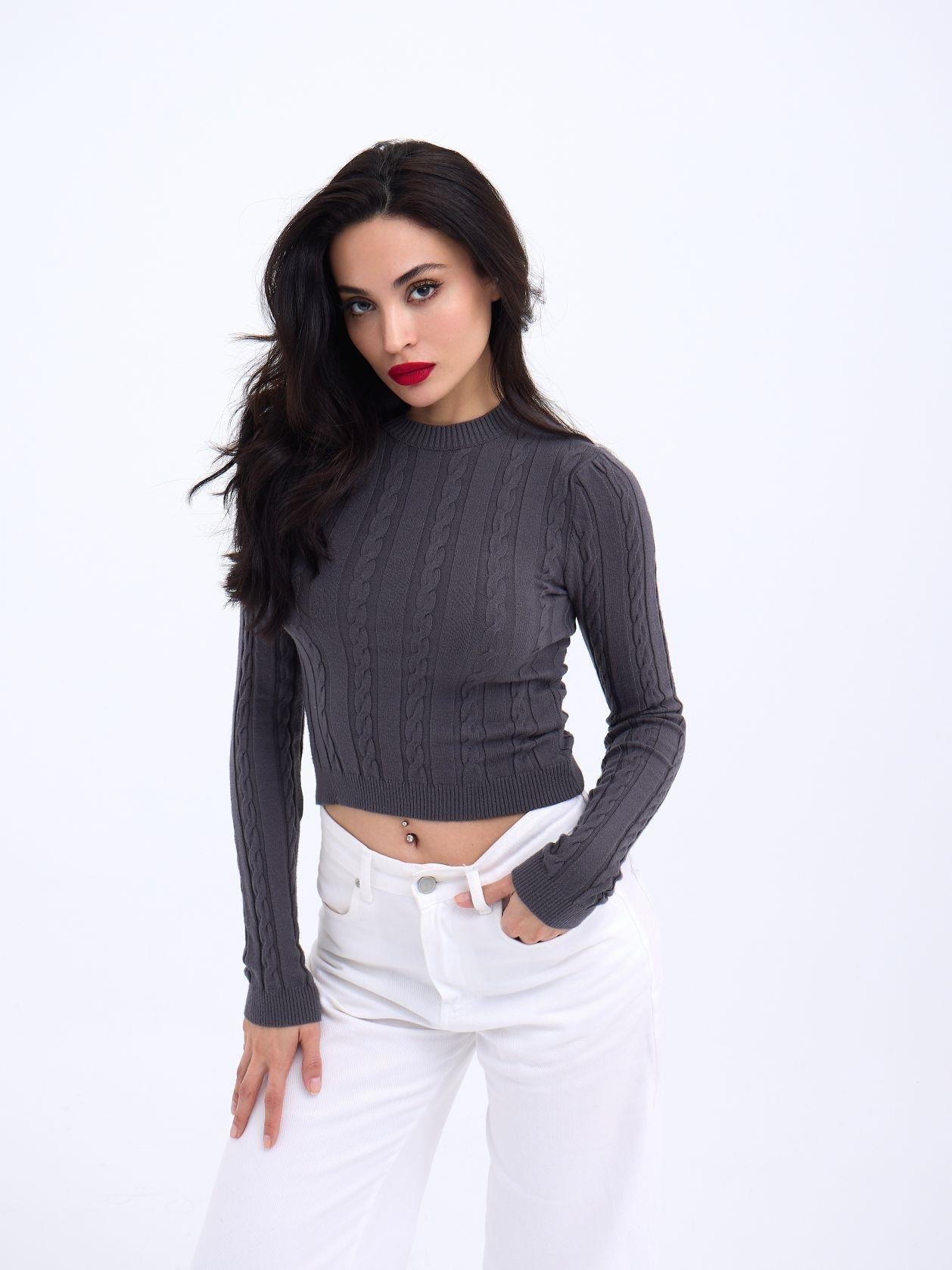 42491 TRİKO SAÇ ÖRGÜ CROP KAZAK-ANTRASİT