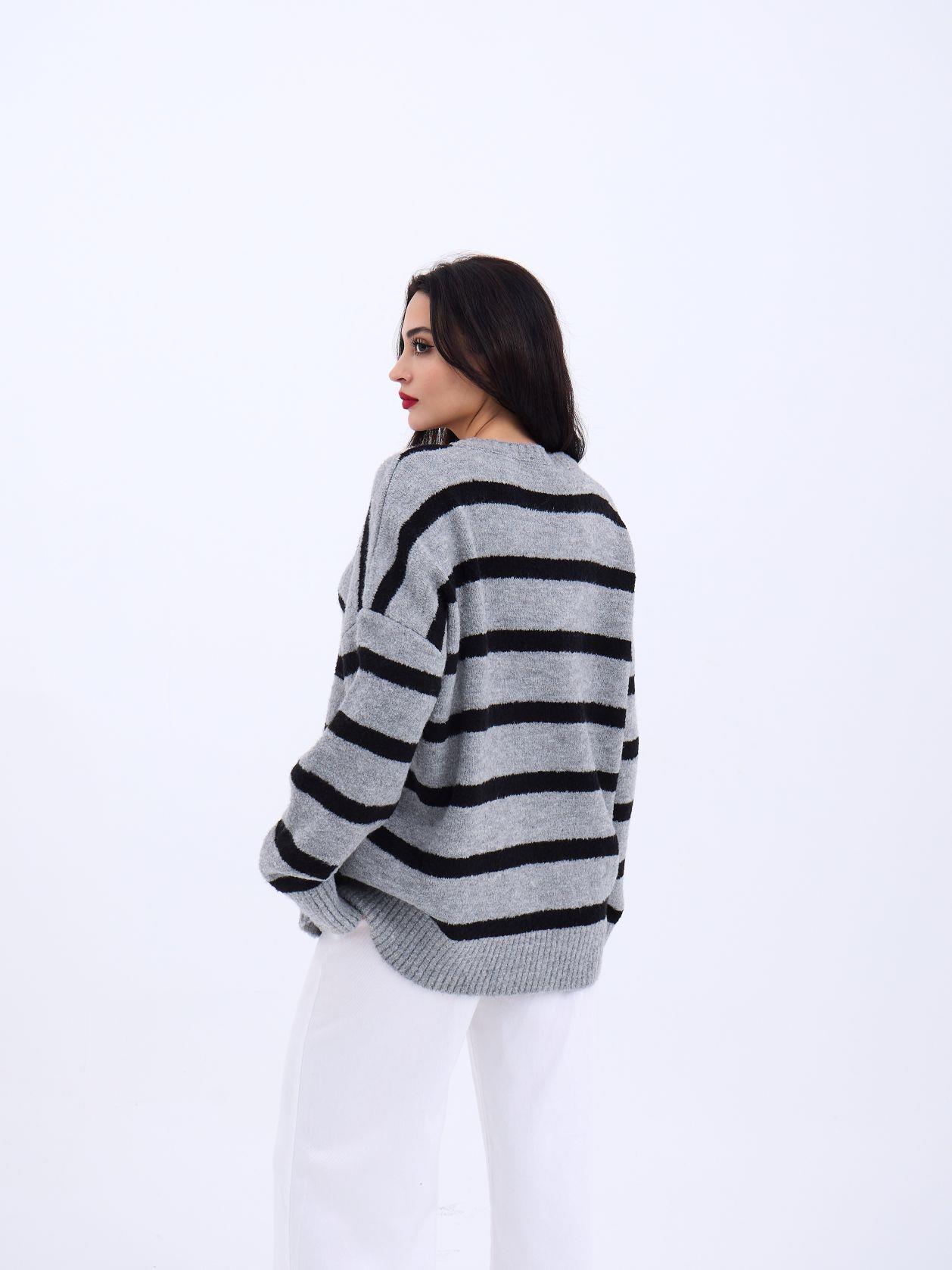 43111 TRİKO ÇİZGİLİ SALAŞ KAZAK-GRİ-SİYAH