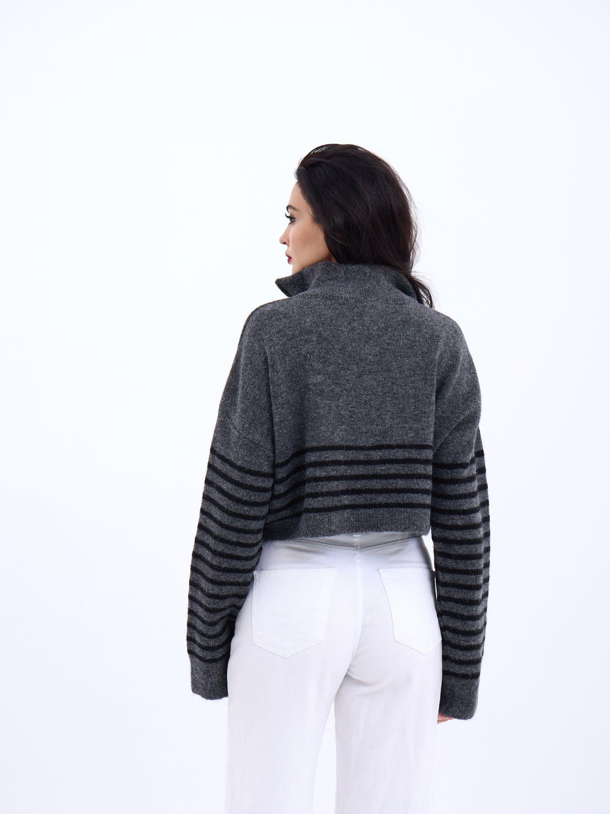 43311 TRİKO ÇİZGİLİ FERMUARLI CROP-ANTRASİT-SİYAH