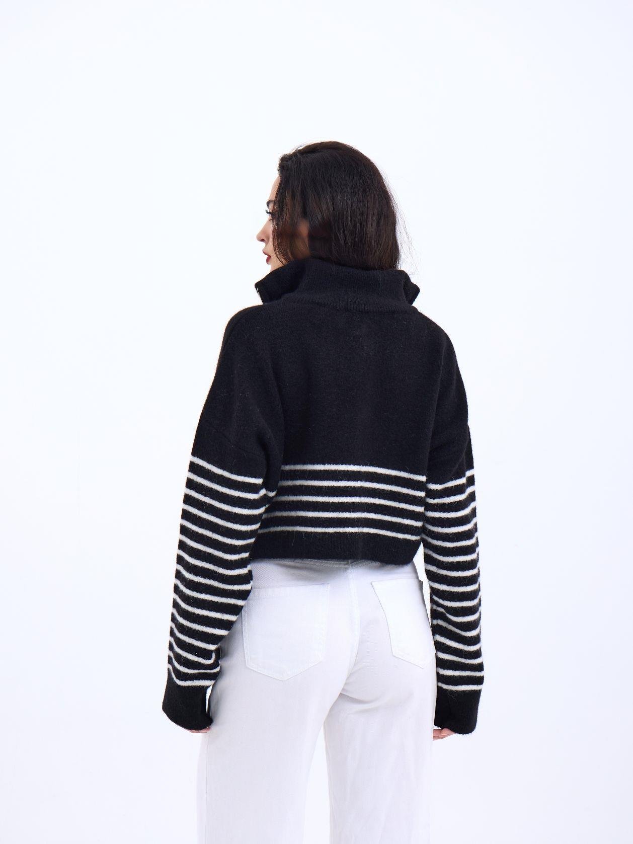 43311 TRİKO ÇİZGİLİ FERMUARLI CROP-SİYAH-EKRU