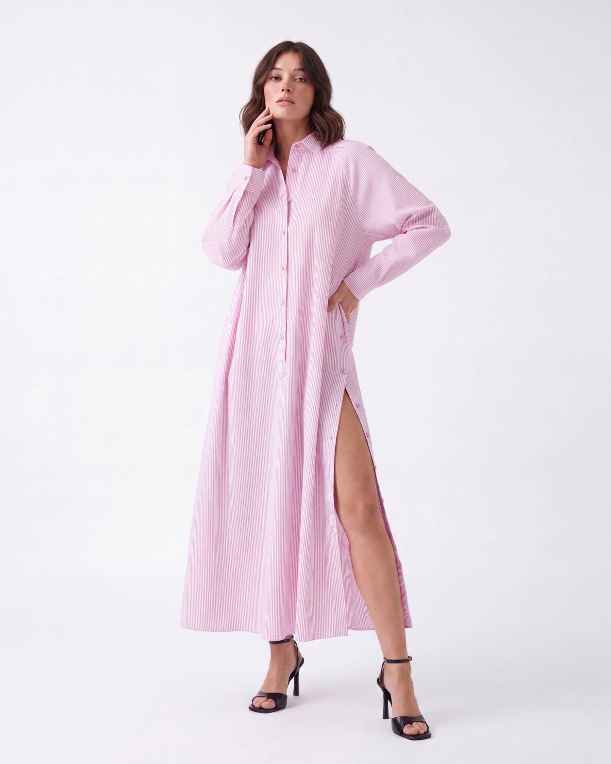 5857 ELBİSE-PEMBE ÇİZGİLİ