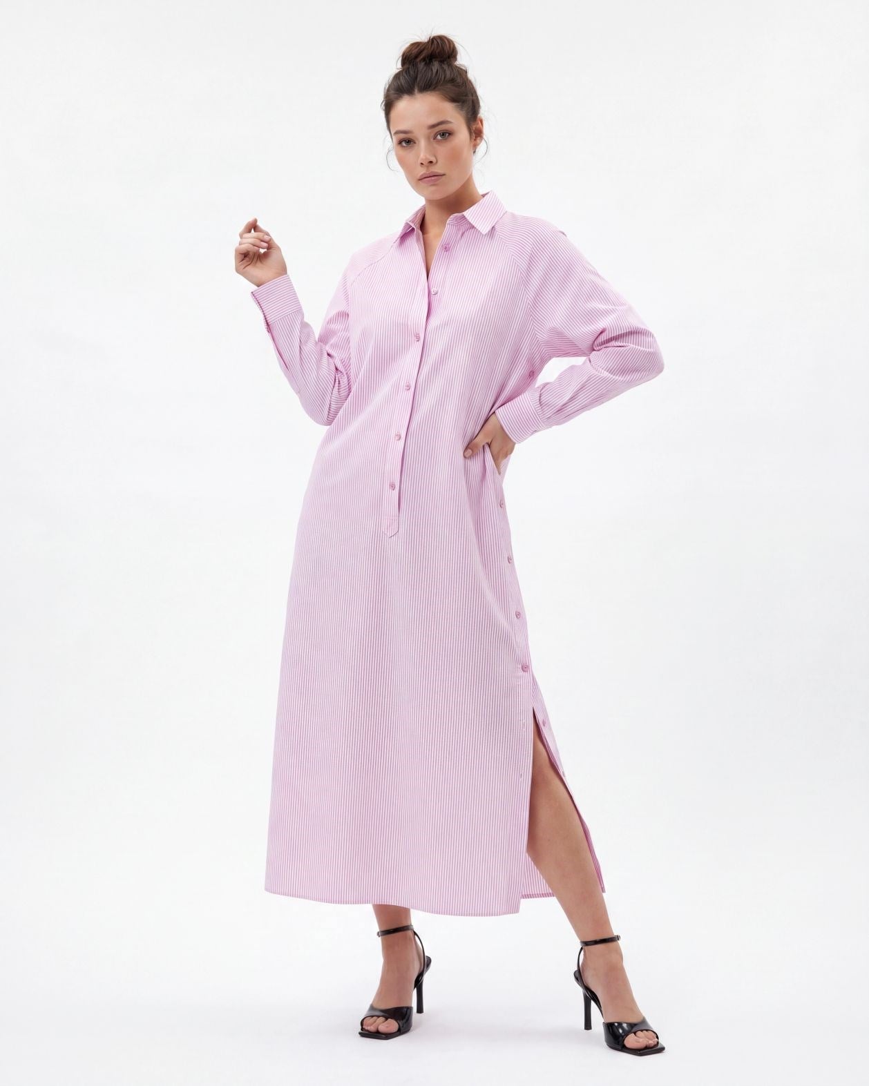 5857 ELBİSE-PEMBE ÇİZGİLİ