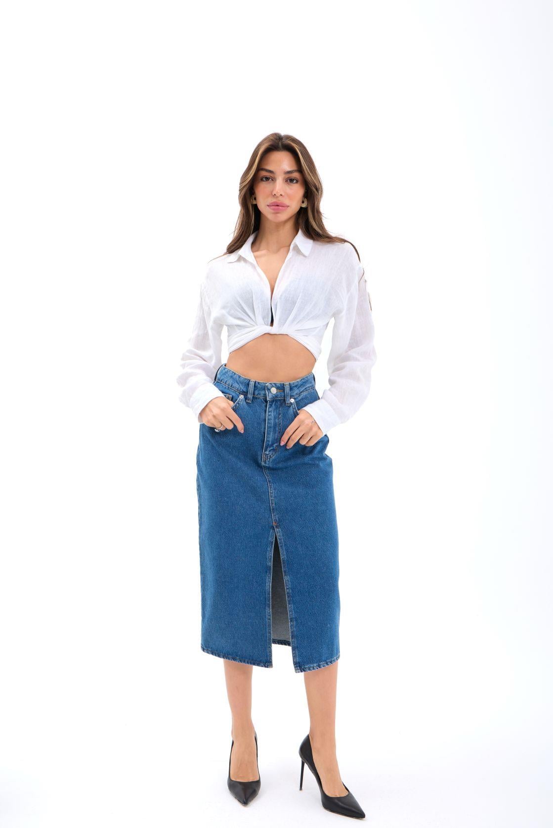 6471 DENİM MIDI SLIT SKIRT-KOYU MAVİ