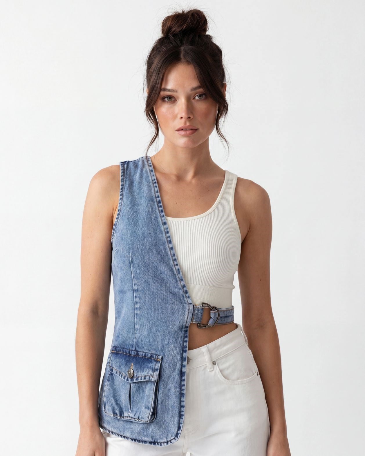 6838 ASYMMETRIC DENIM VEST-MAVİ