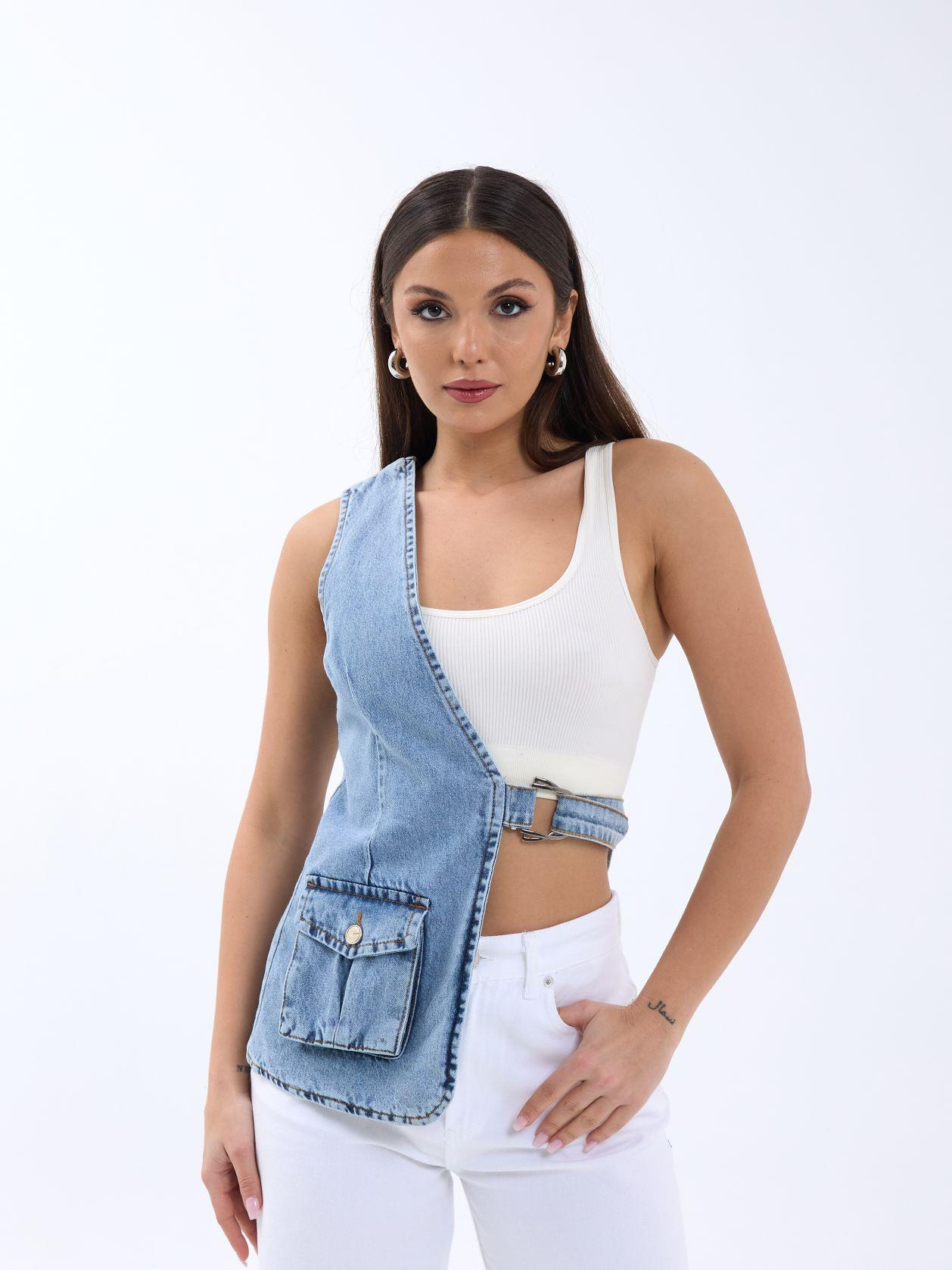 6838 ASYMMETRIC DENIM VEST-MAVİ