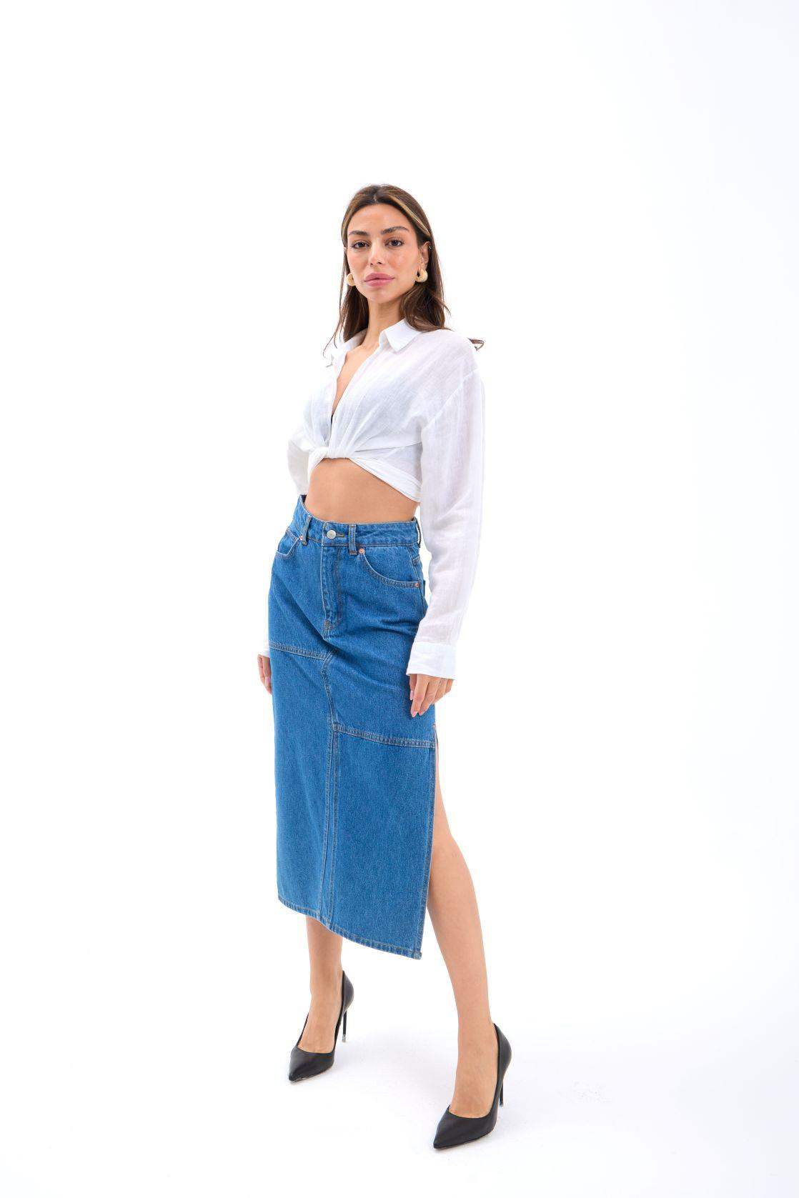 6900 SLIPPED MIDI SKIRT-MAVİ