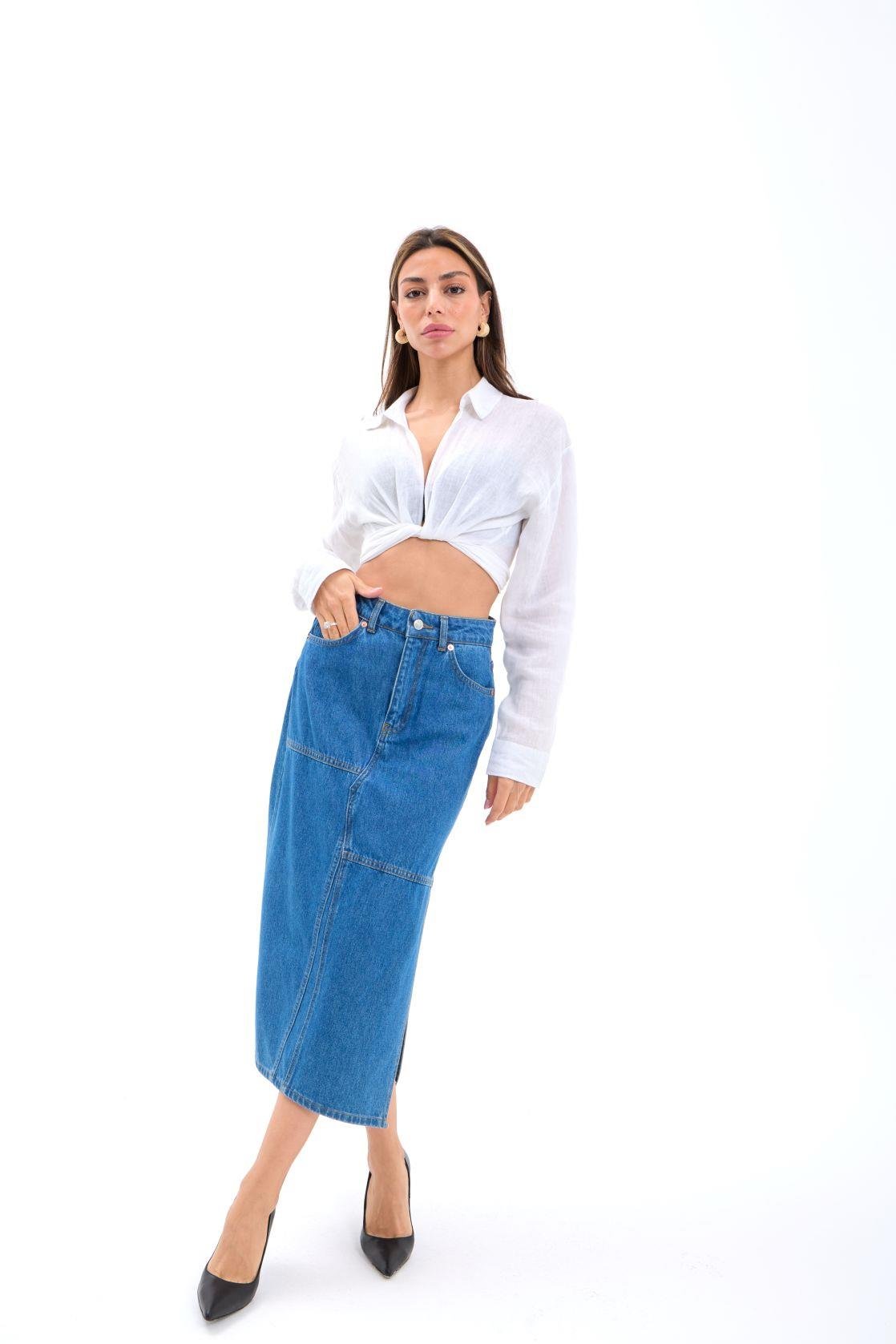 6900 SLIPPED MIDI SKIRT-MAVİ