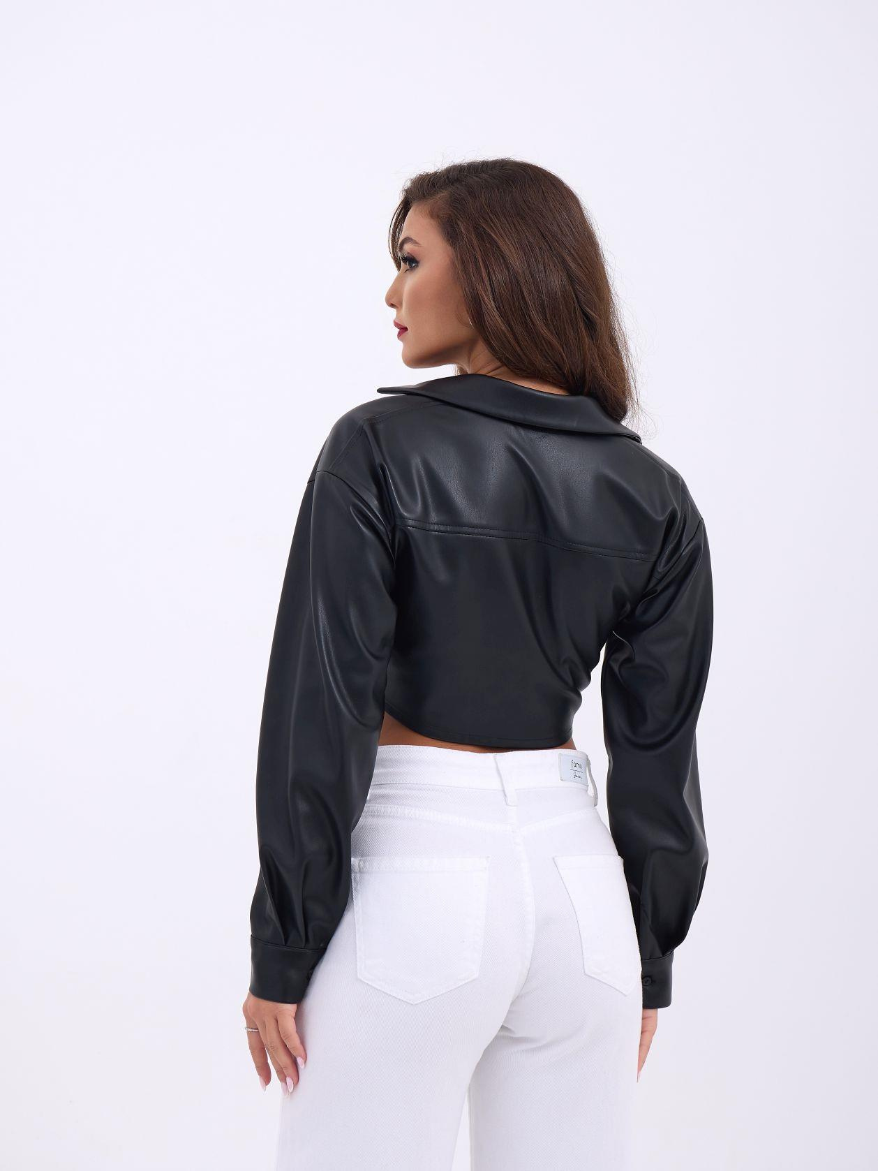 7279 DERİ CROP-SİYAH