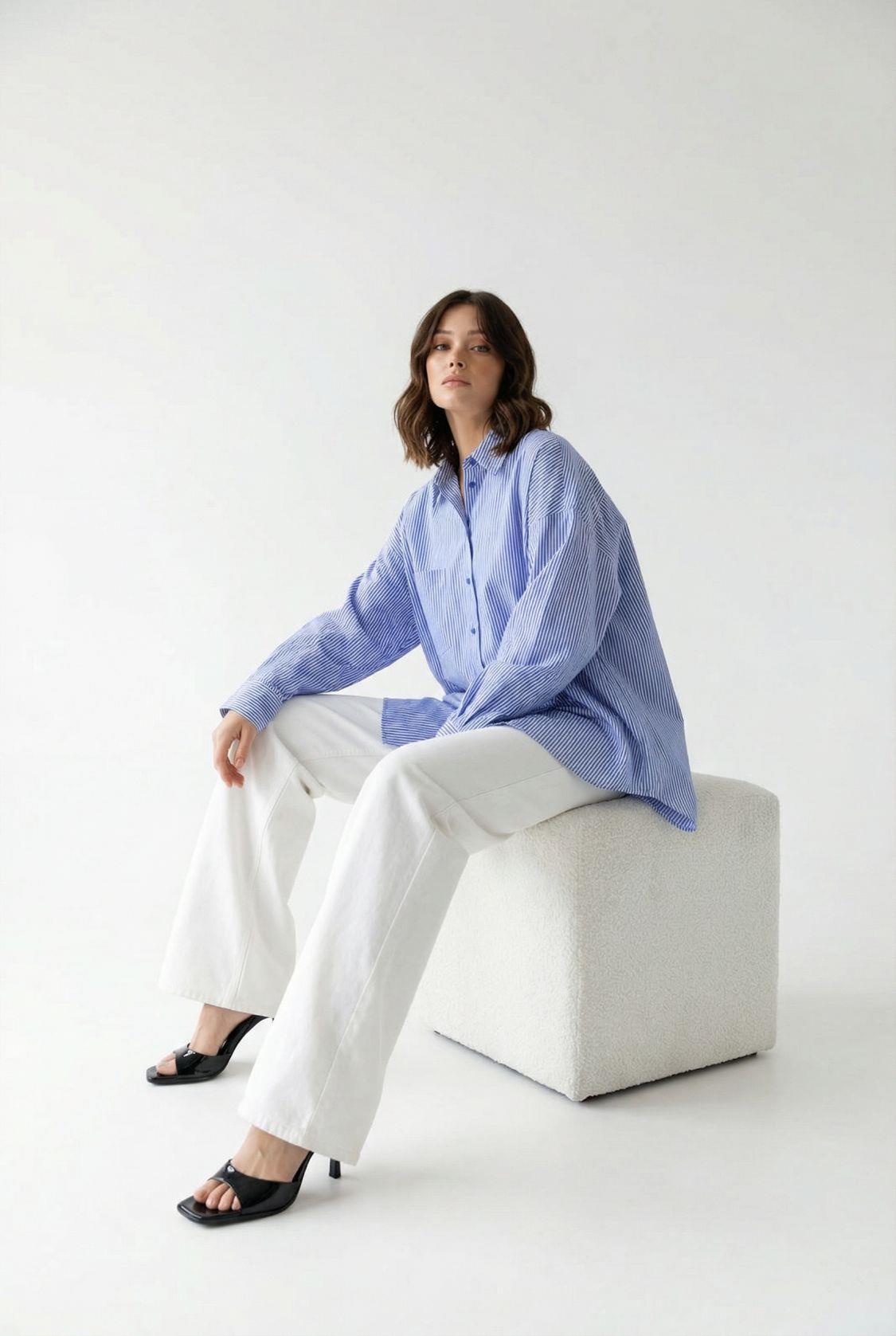 7554 GÖMLEK-MAVİ BEYAZ ÇİZGİLİ