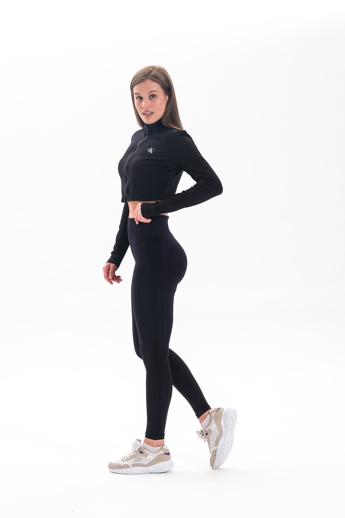 Alnus Örme Model Spor Taytı Sıkılaştırıcı Etkili Yüsek Bel Düz Tayt Siyah Renk