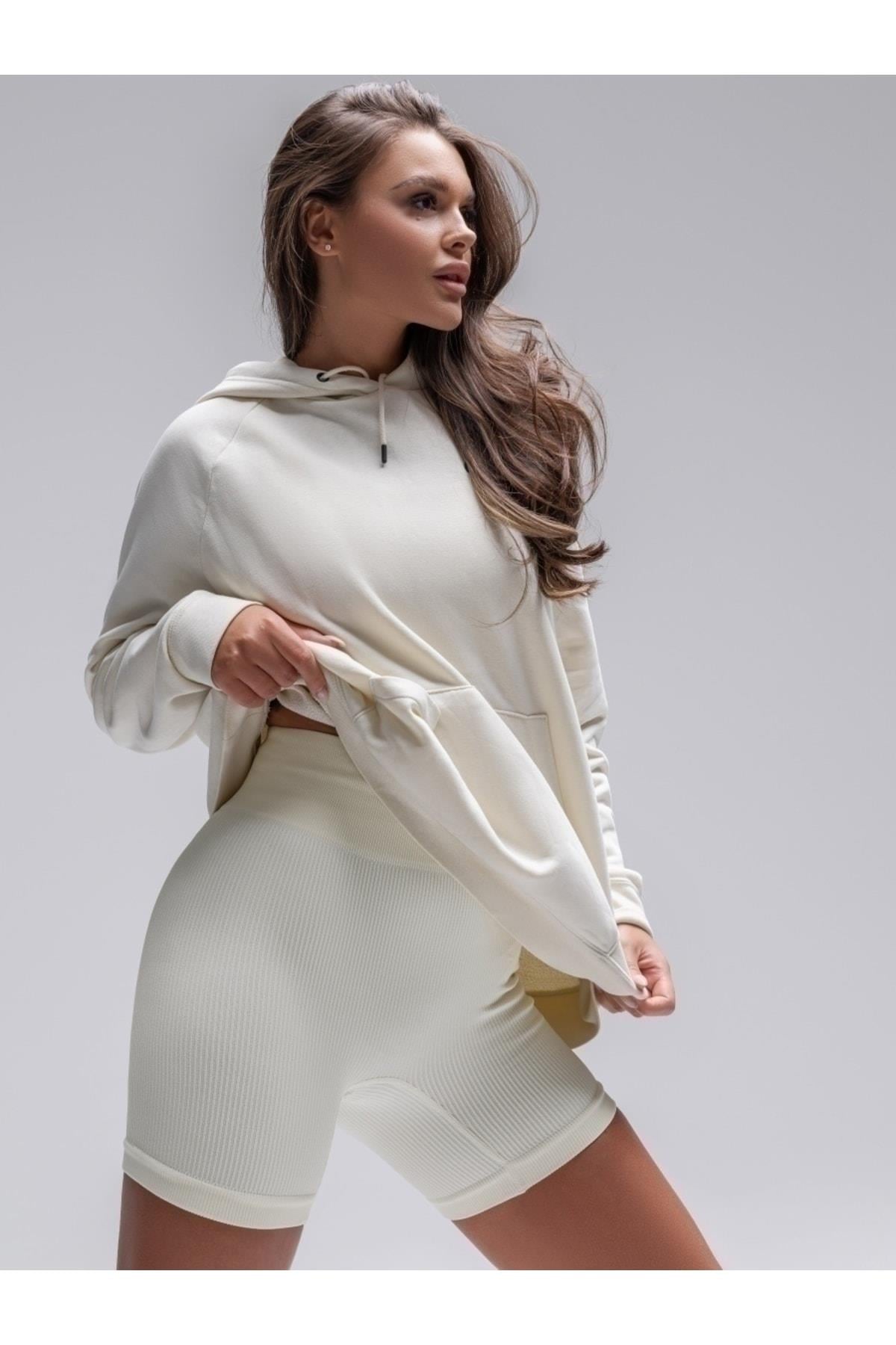 Dublin Model Biker Örme Kumaş Seamless Model Fitilli Şort Ekru Renk