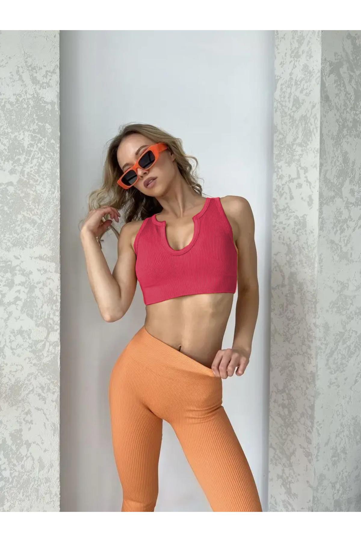 Florio Model Toparlayıcı Dikişsiz Biker Sütyen Fitilli Crop Bordo Renk