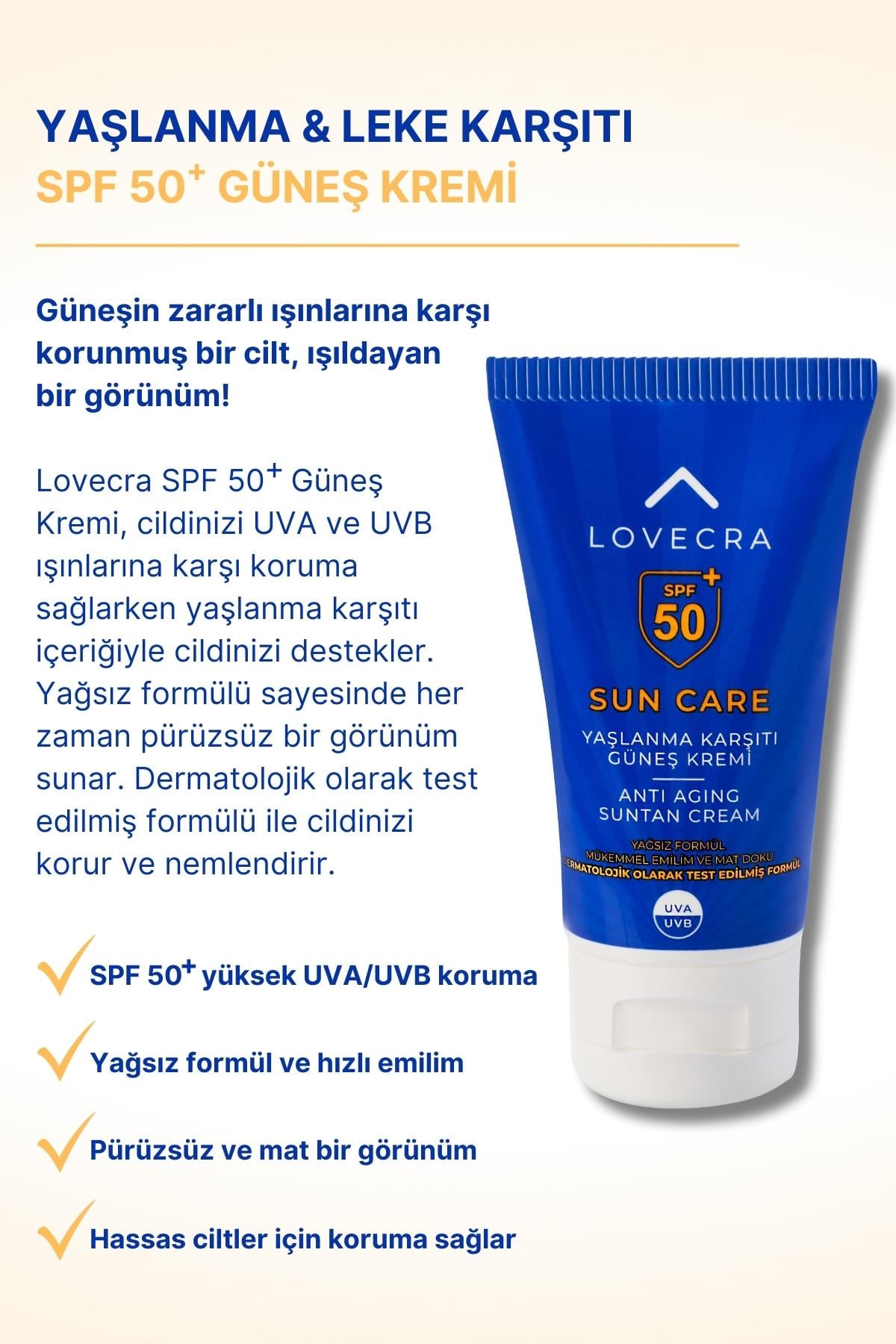 GÜNEŞ KREMİ SPF 50+ Yüksek UVA/UVB Koruma Yağsız Yaşlanma ve Leke Karşıtı Yüz Kremi 50ml