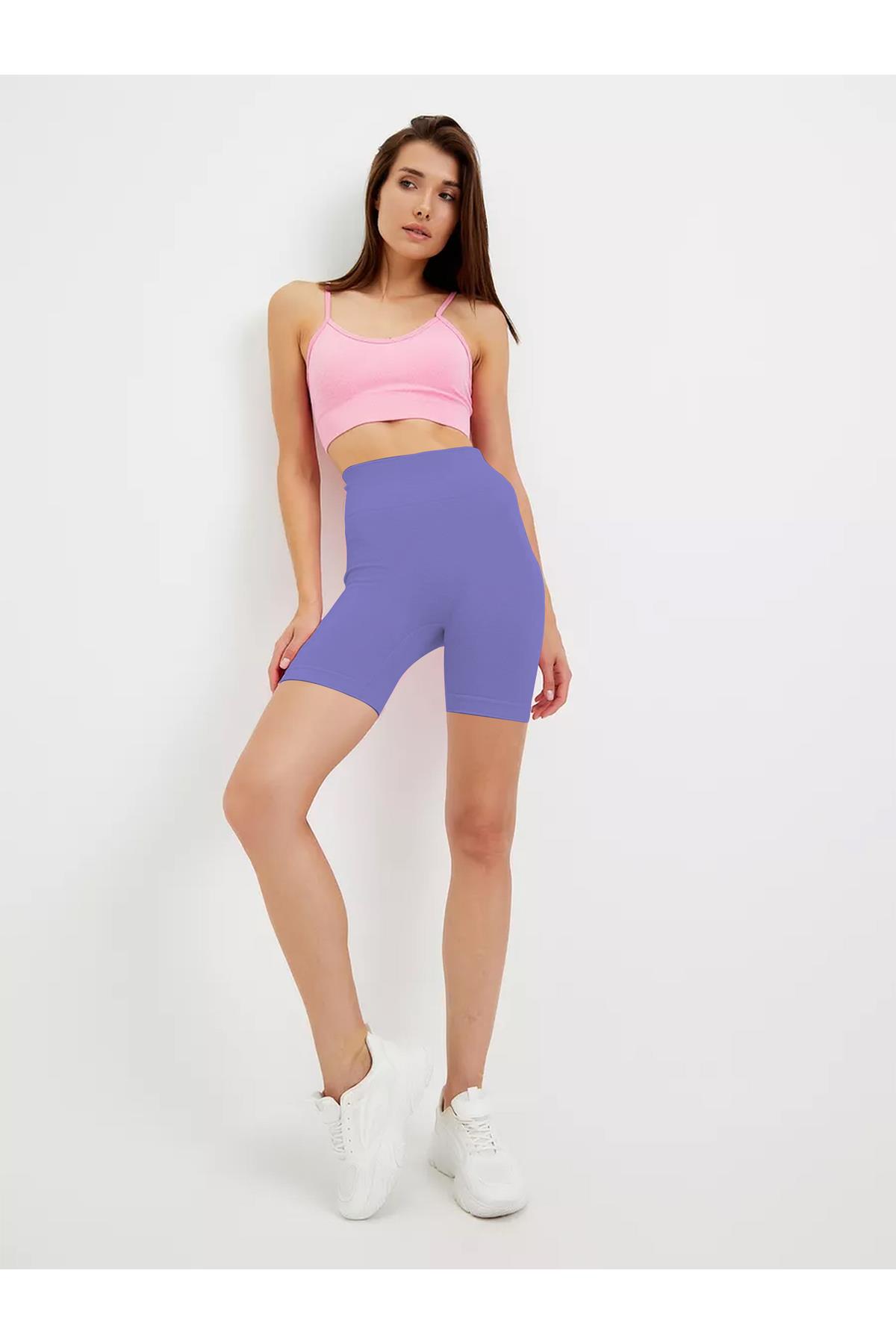 Jerovin Model Seamless Toparlayıcı Biker Push Up Etkili Kısa Şort Lila Renk