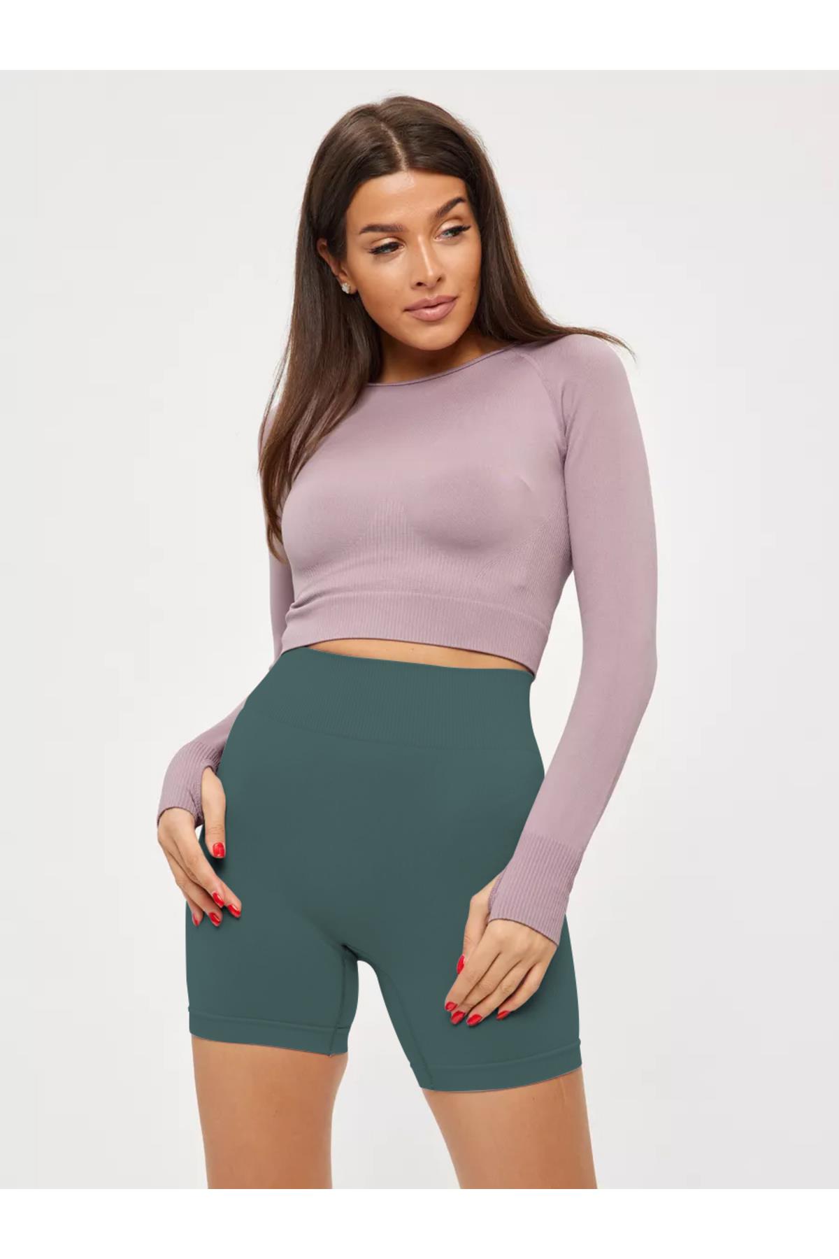 Jerovin Model Seamless Toparlayıcı Biker Push Up Etkili Kısa Şort Gri Mavi Renk