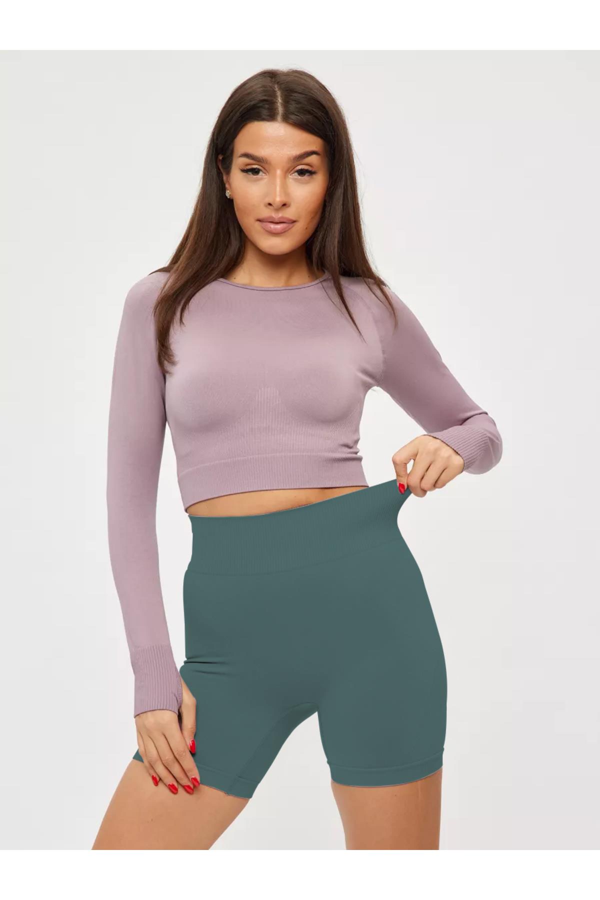 Jerovin Model Seamless Toparlayıcı Biker Push Up Etkili Kısa Şort Gri Mavi Renk