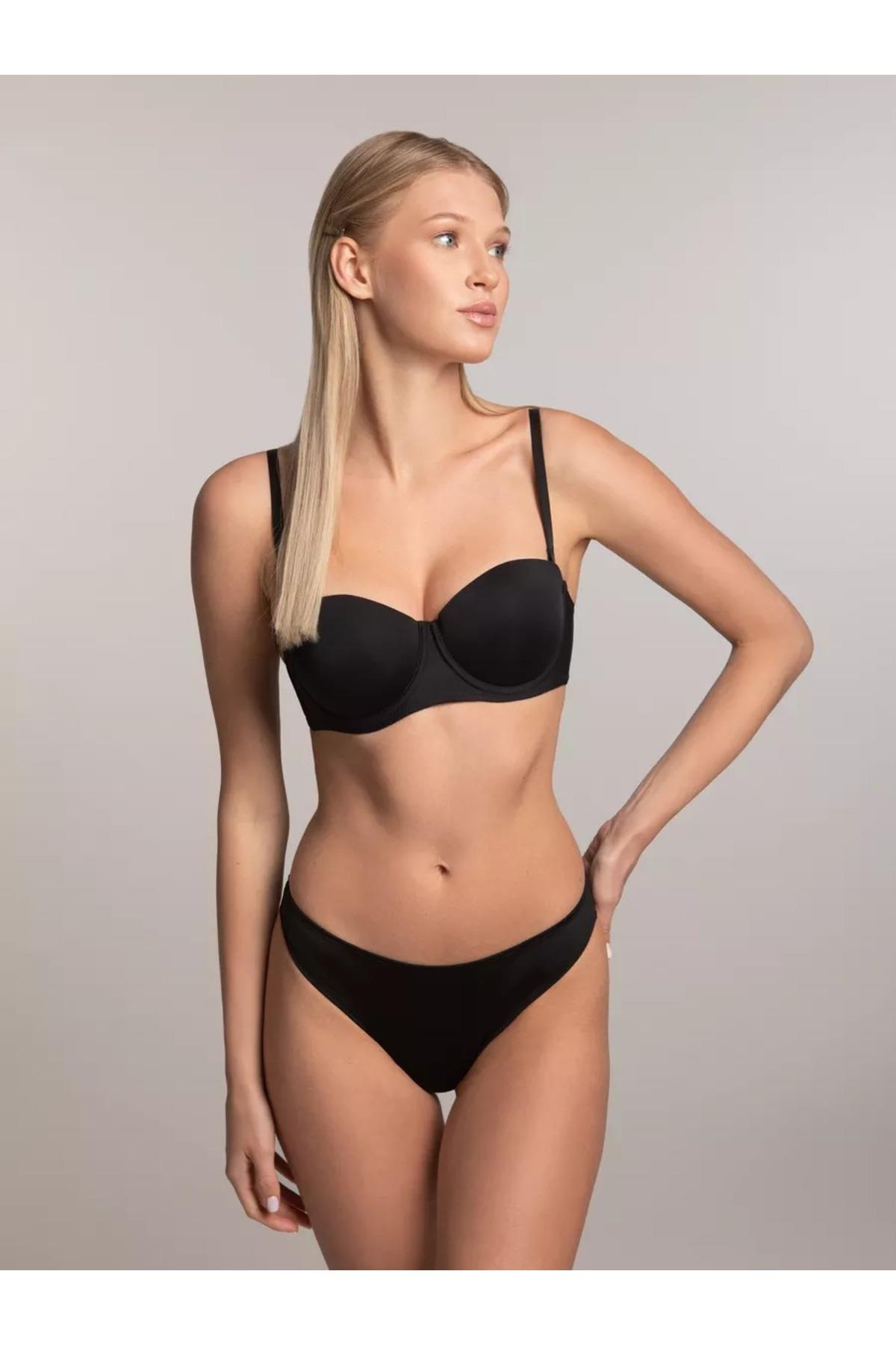 Lenola Model Destekli Push Up Dolgulu Yumuşak Dokulu Straplez Sütyen Siyah Renk